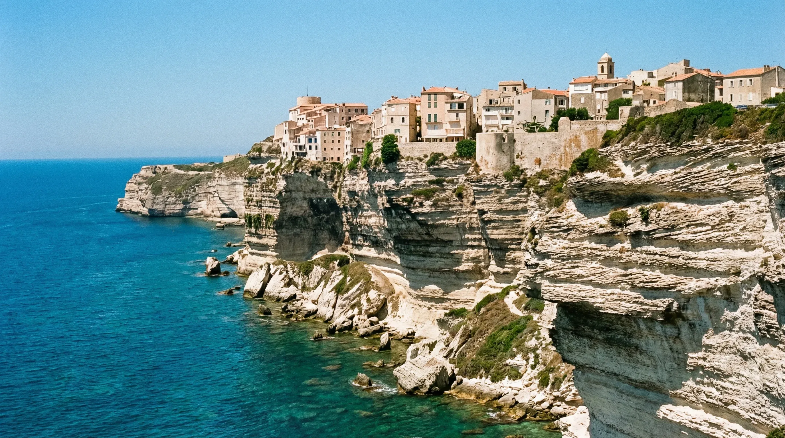 The ancient town of Bonifacio perched on white limestone cliffs overlooking the Mediterranean Sea on the island of Corsica.