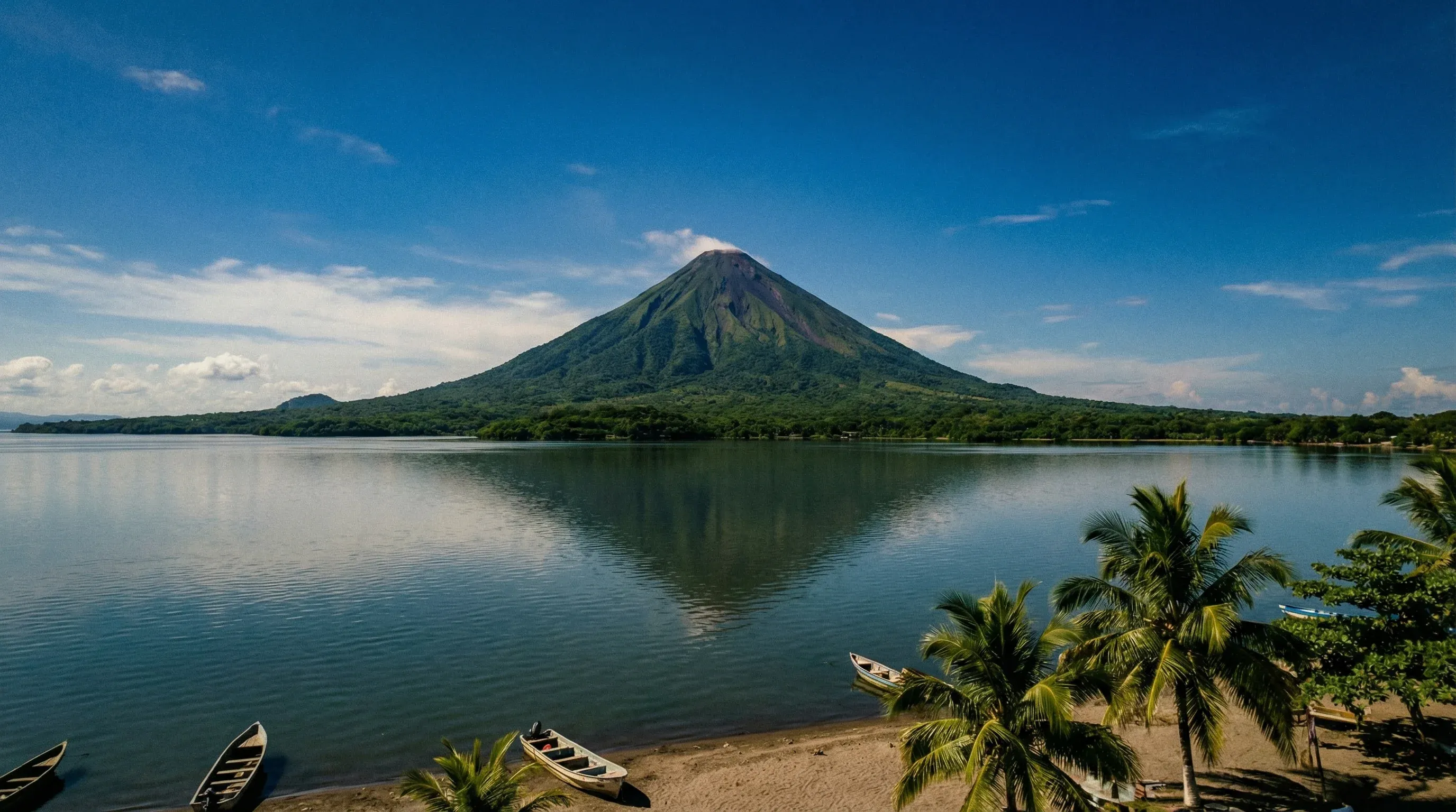 The symmetrical cone of Volcán Concepción on Ometepe Island seen from the shore of Lake Nicaragua.