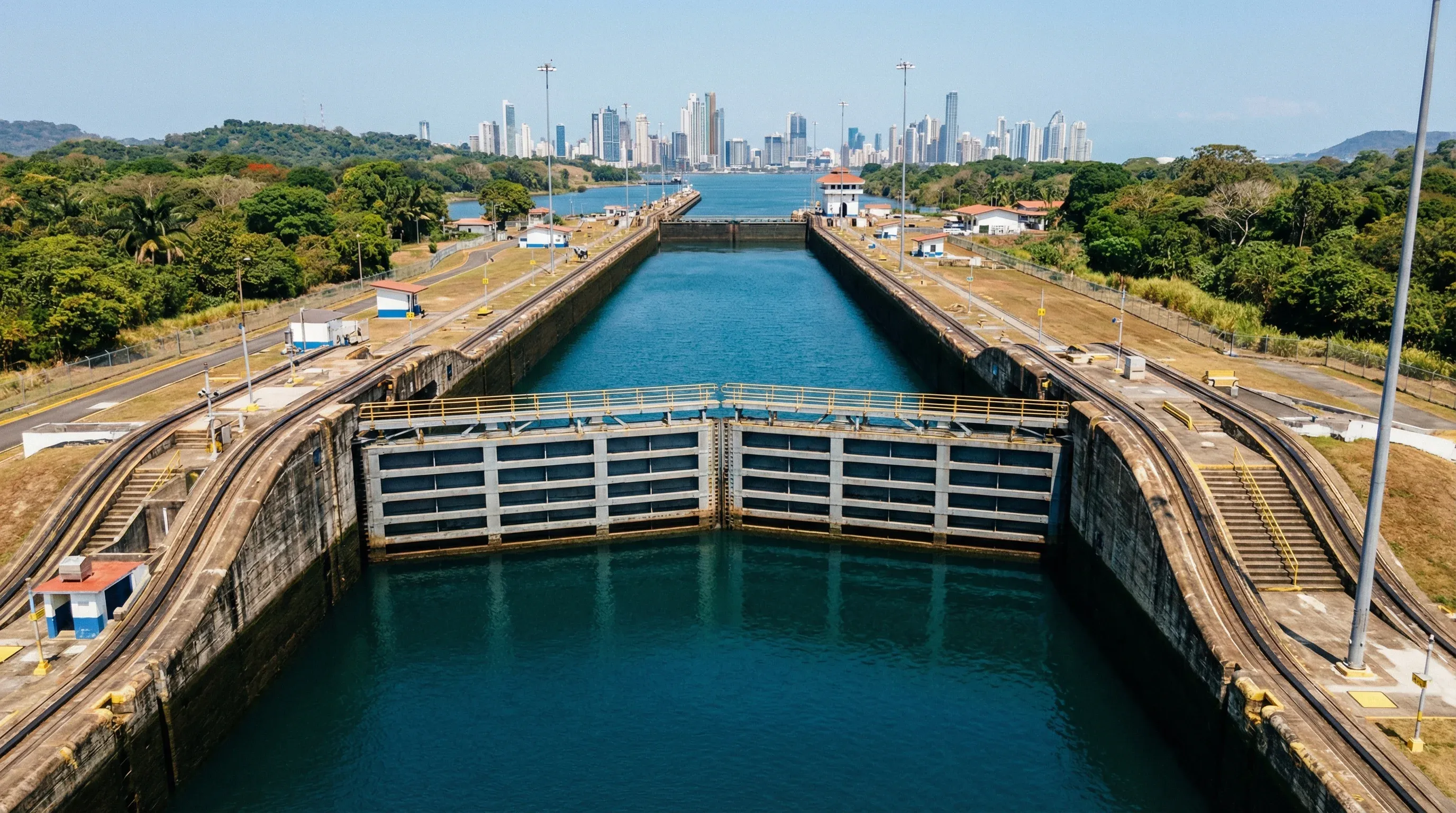 The concrete chambers and steel gates of the Miraflores Locks on the Panama Canal under a blue sky.