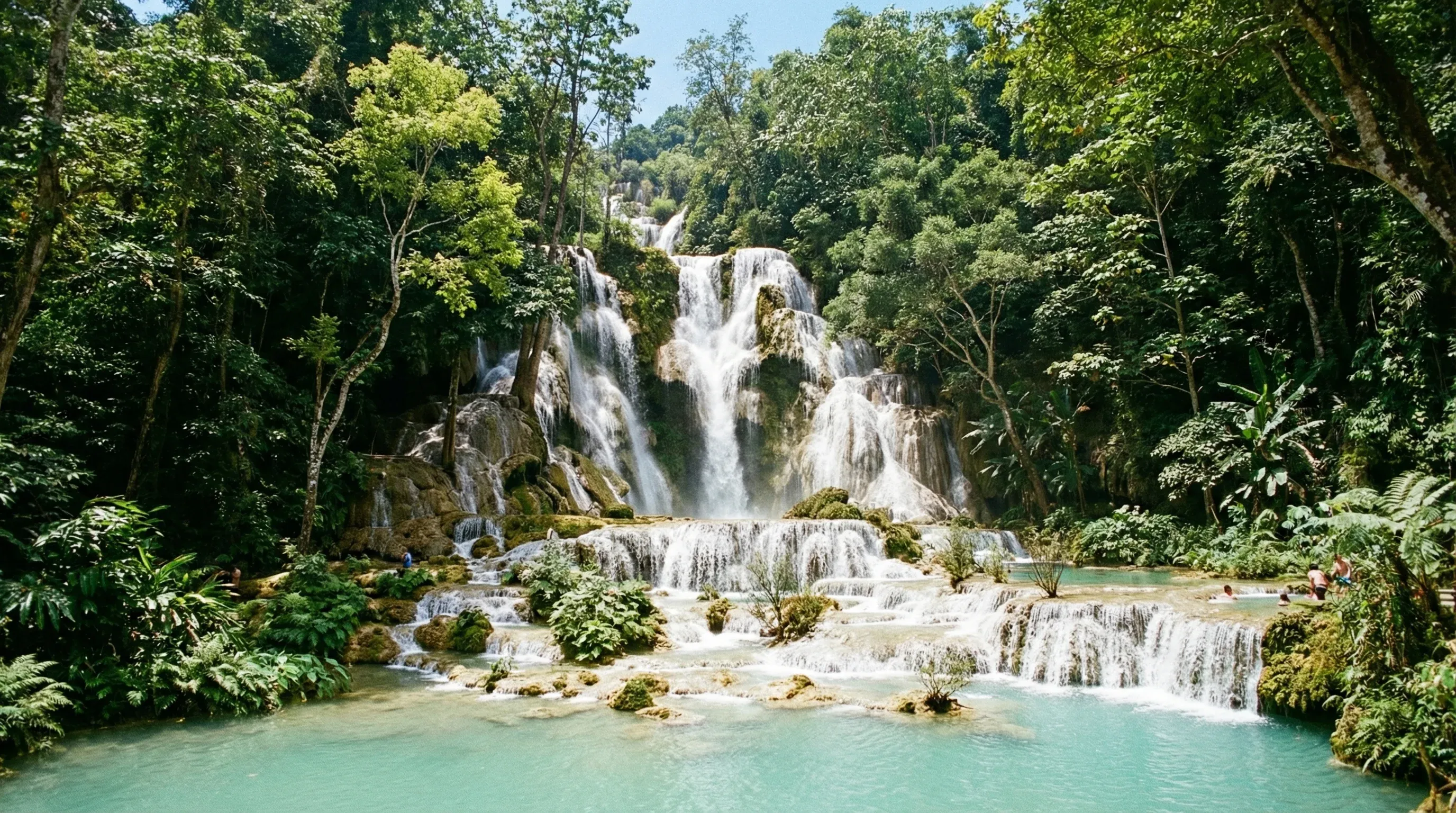 The multi-tiered Kuang Si Falls in Luang Prabang with turquoise water pools and surrounding jungle greenery.