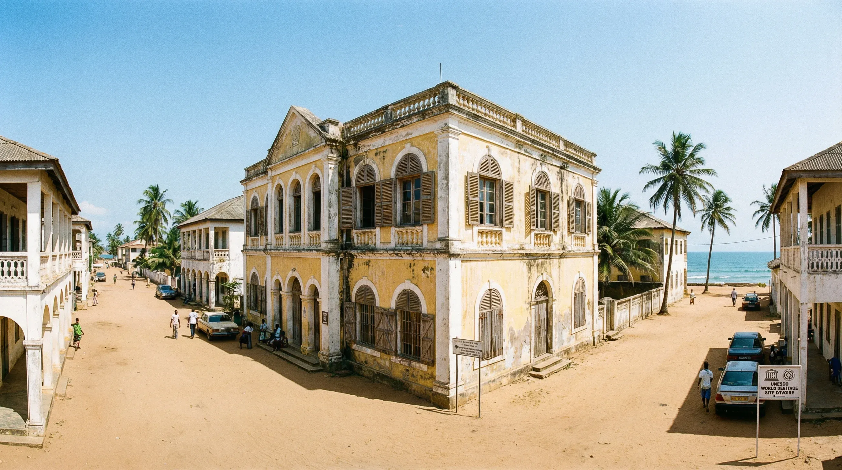 Historic French colonial architecture with yellow facades and arched windows in the Quartier France of Grand-Bassam.