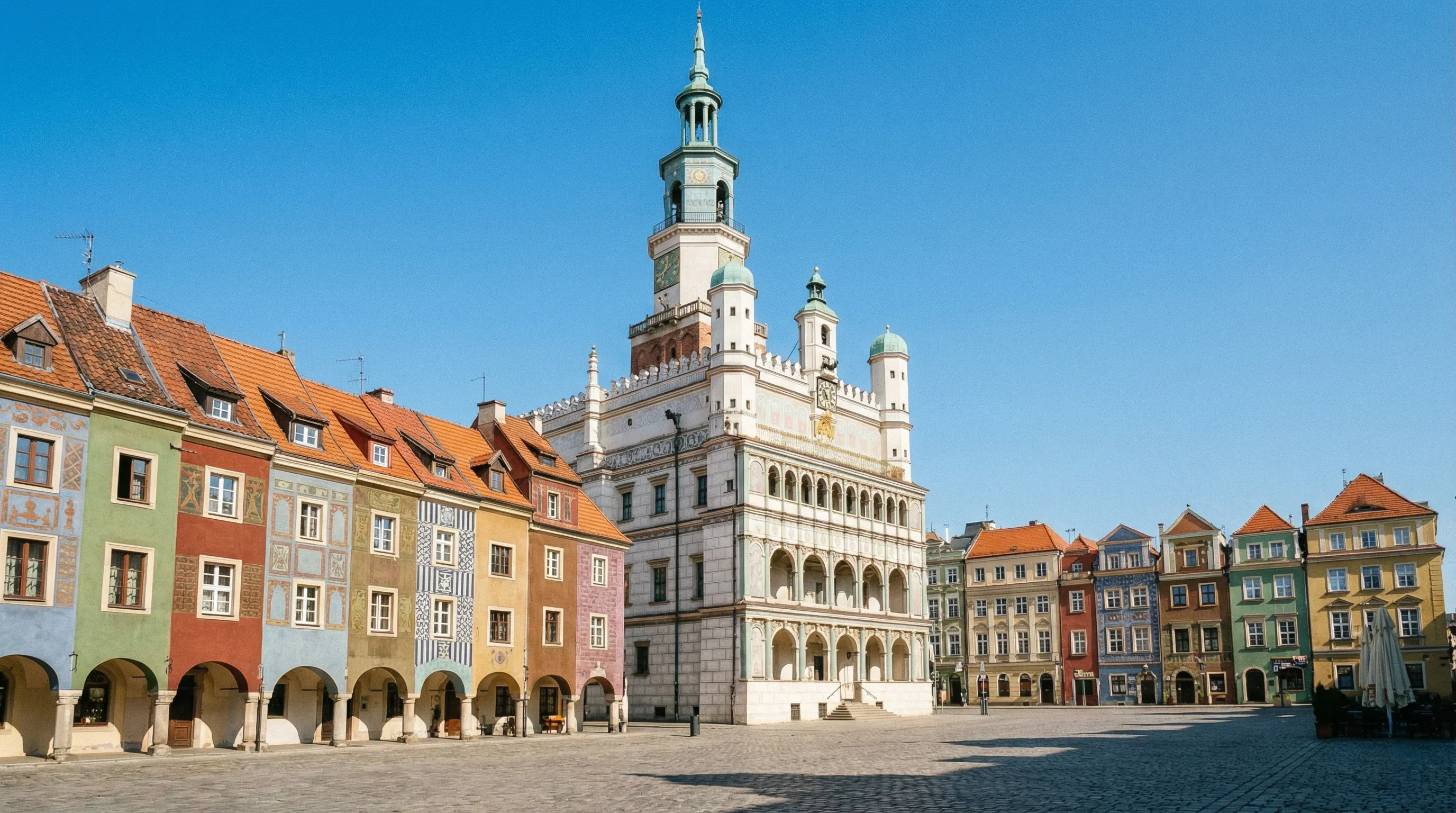 The Renaissance Poznań Town Hall and a row of colorful historic houses on the cobblestone Market Square under a sunny sky.