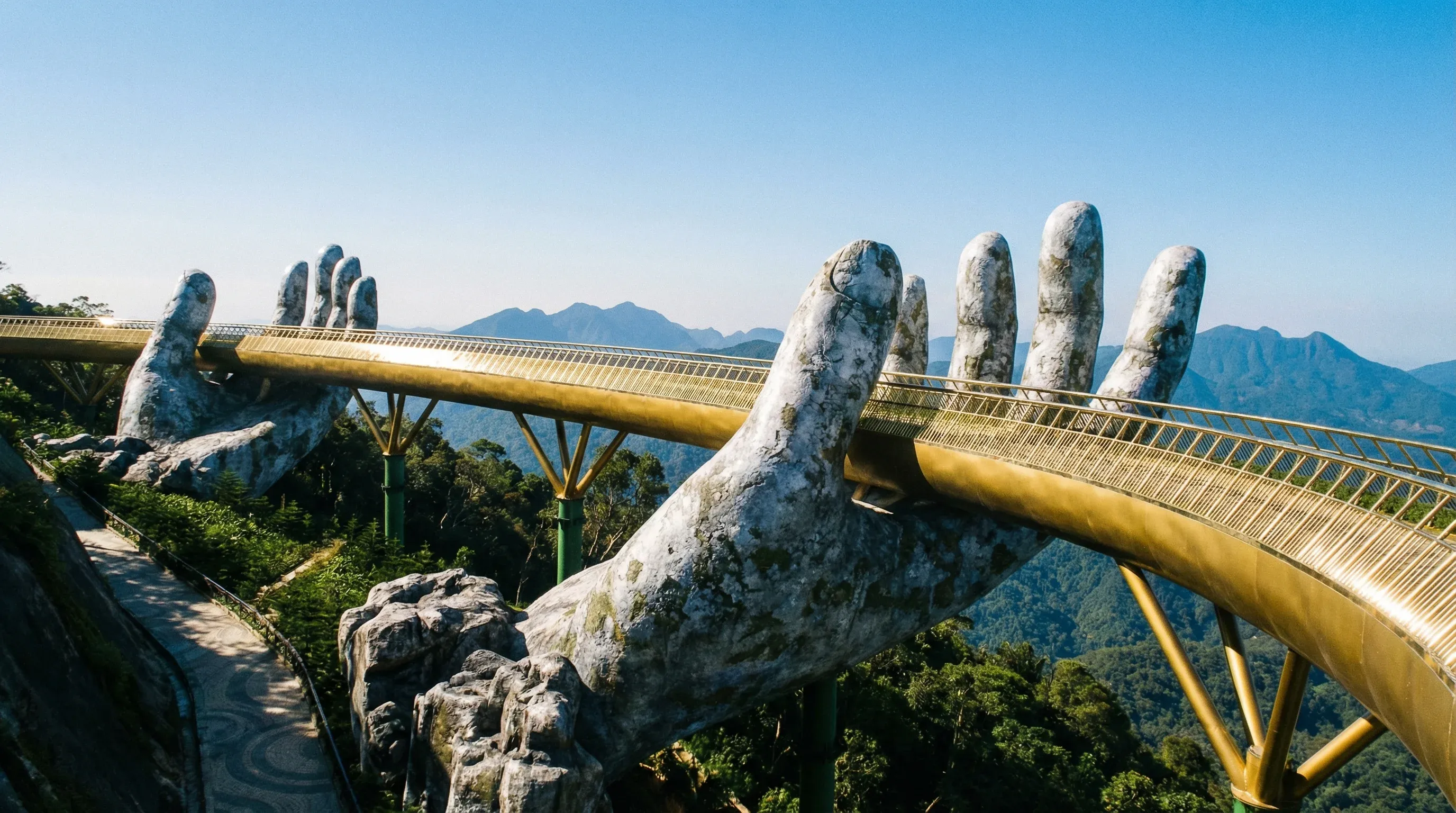 A curved golden pedestrian bridge supported by two giant weathered stone hands overlooking a lush mountain range in Da Nang, Vietnam.