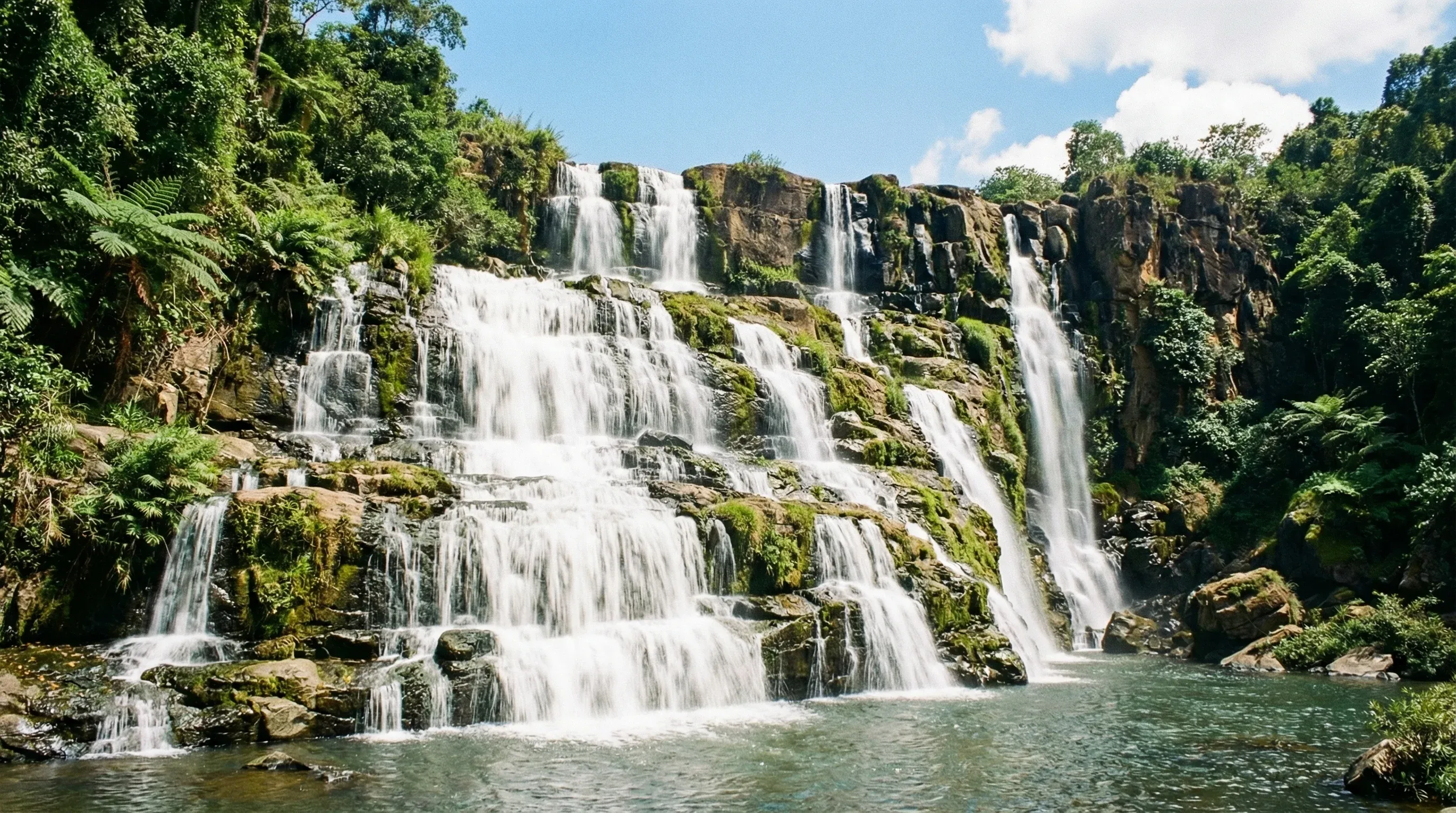 A wide seven-tiered waterfall cascading over rocky stone steps into a pool, surrounded by green tropical forest in the Central Highlands of Vietnam.