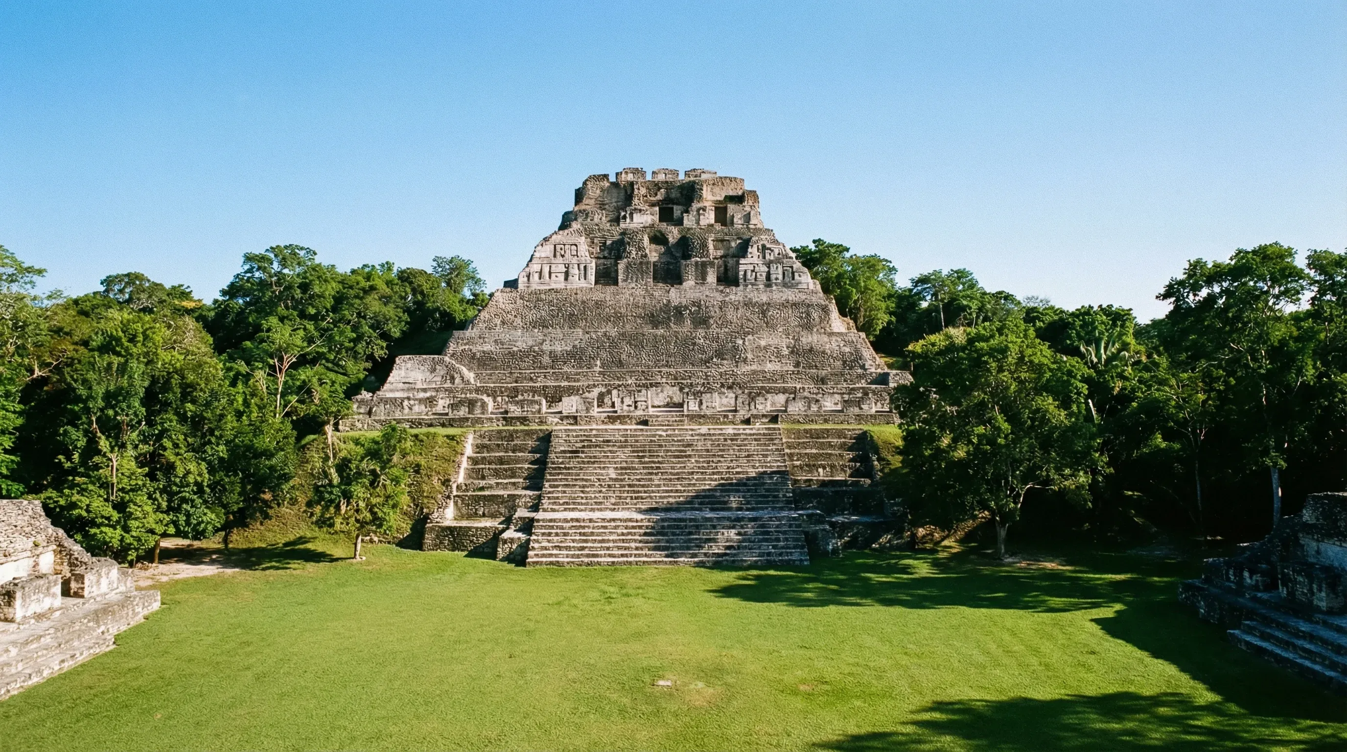 The El Castillo stone pyramid at Xunantunich Mayan ruins, featuring ancient carvings and surrounded by green plazas and tropical jungle.