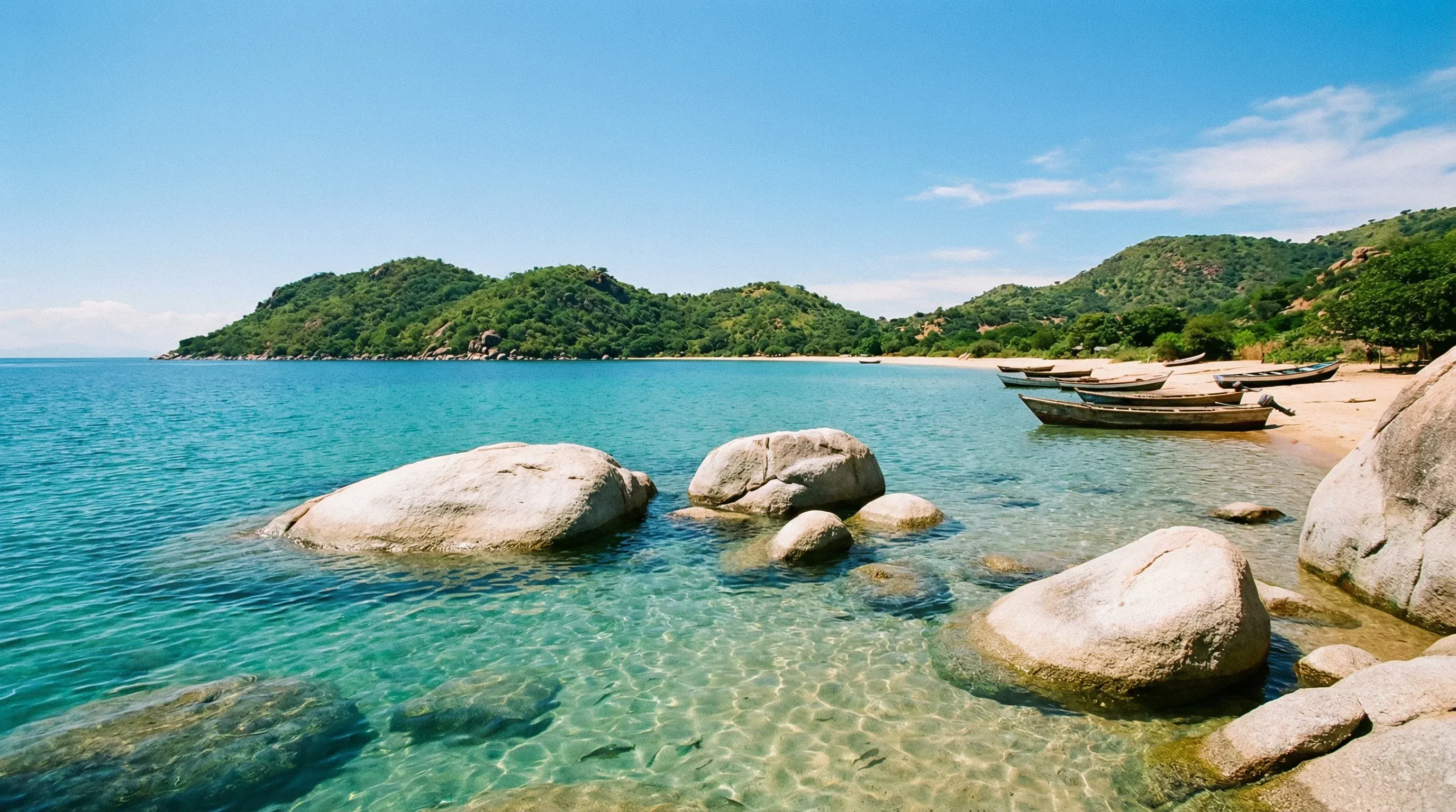 A wide-angle view of Lake Malawi's clear turquoise water and granite boulders at Cape Maclear, with Thumbi West Island in the background.