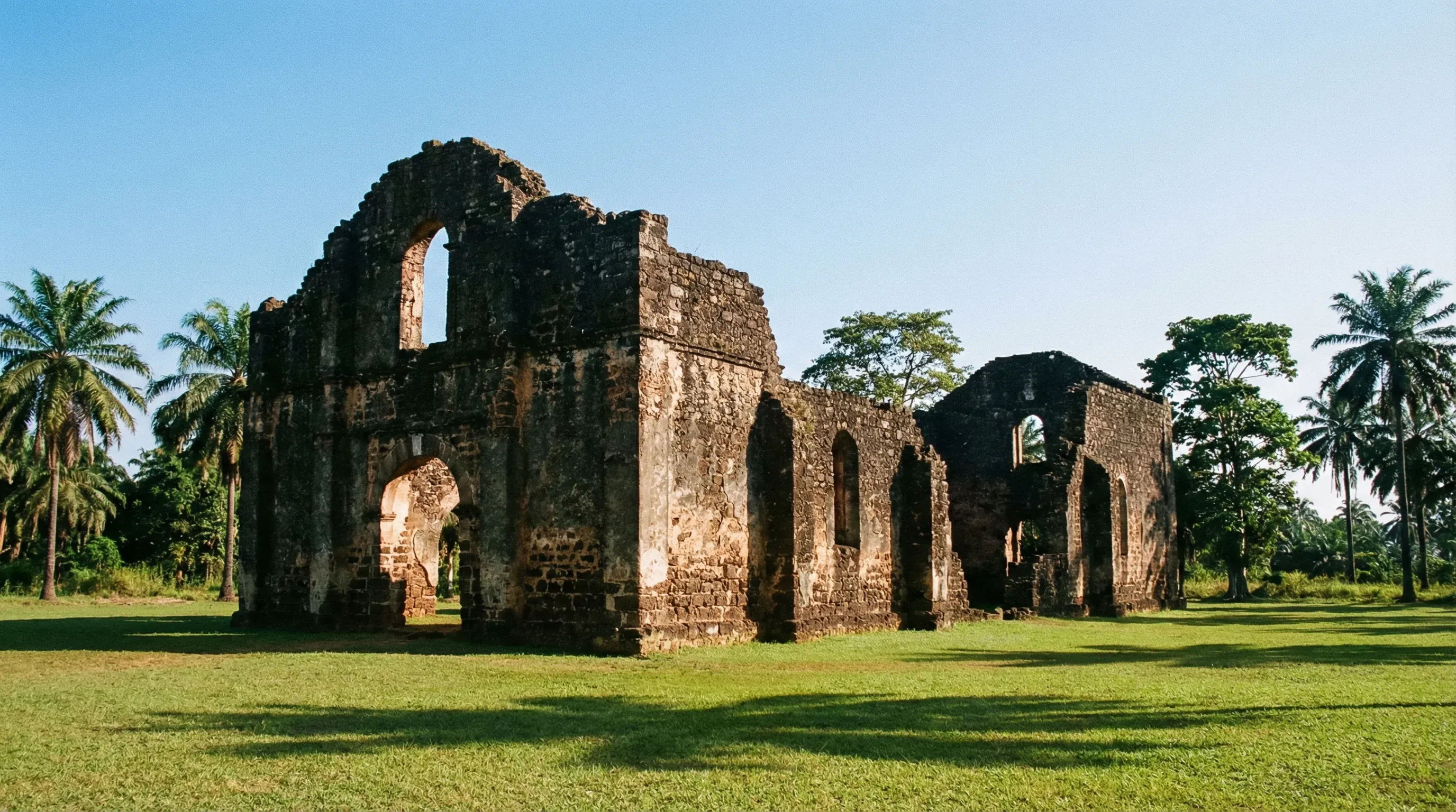 The ancient stone wall ruins of Kulumbimbi Cathedral surrounded by green grass in Mbanza Kongo, Angola.