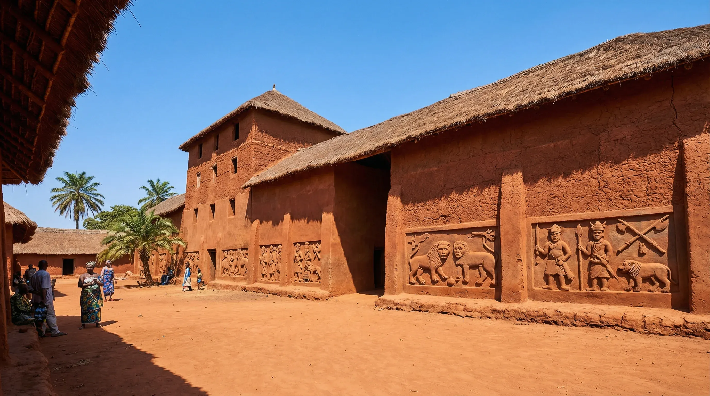 The traditional red-clay architecture and bas-reliefs of the Royal Palaces of Abomey in central Benin.