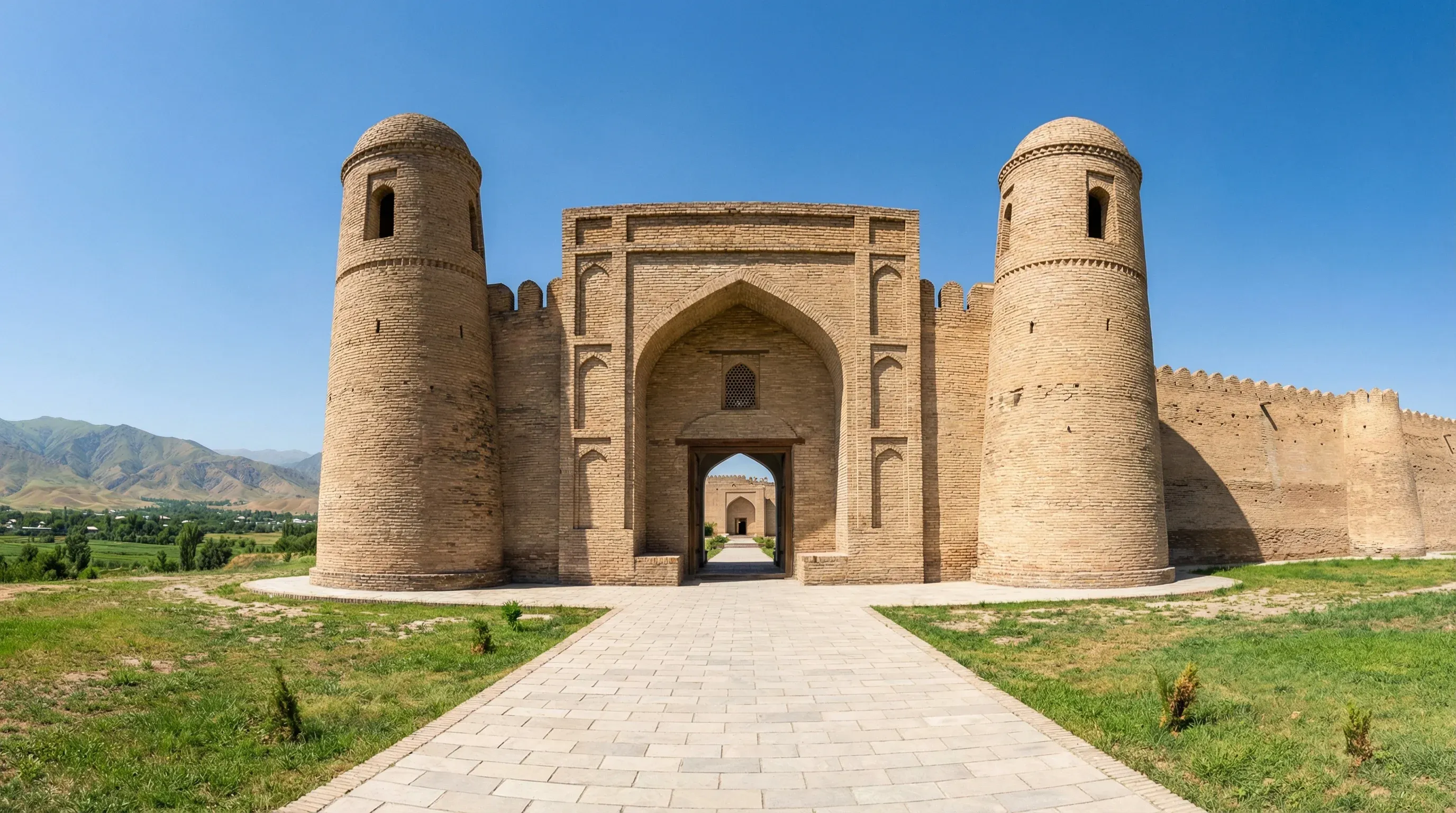 The historic brick gatehouse and towers of Hissar Fortress under a clear blue sky in the Hissar Valley.