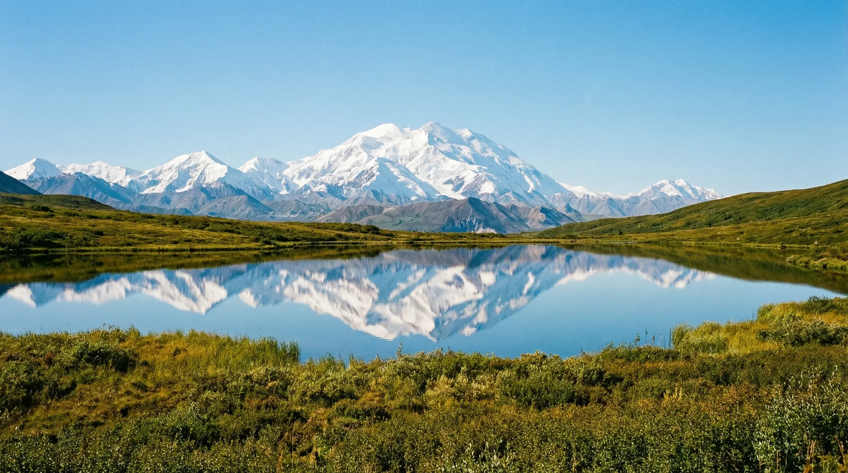 A view of the snow-capped Denali mountain reflected in Wonder Lake under a clear blue sky in Alaska.