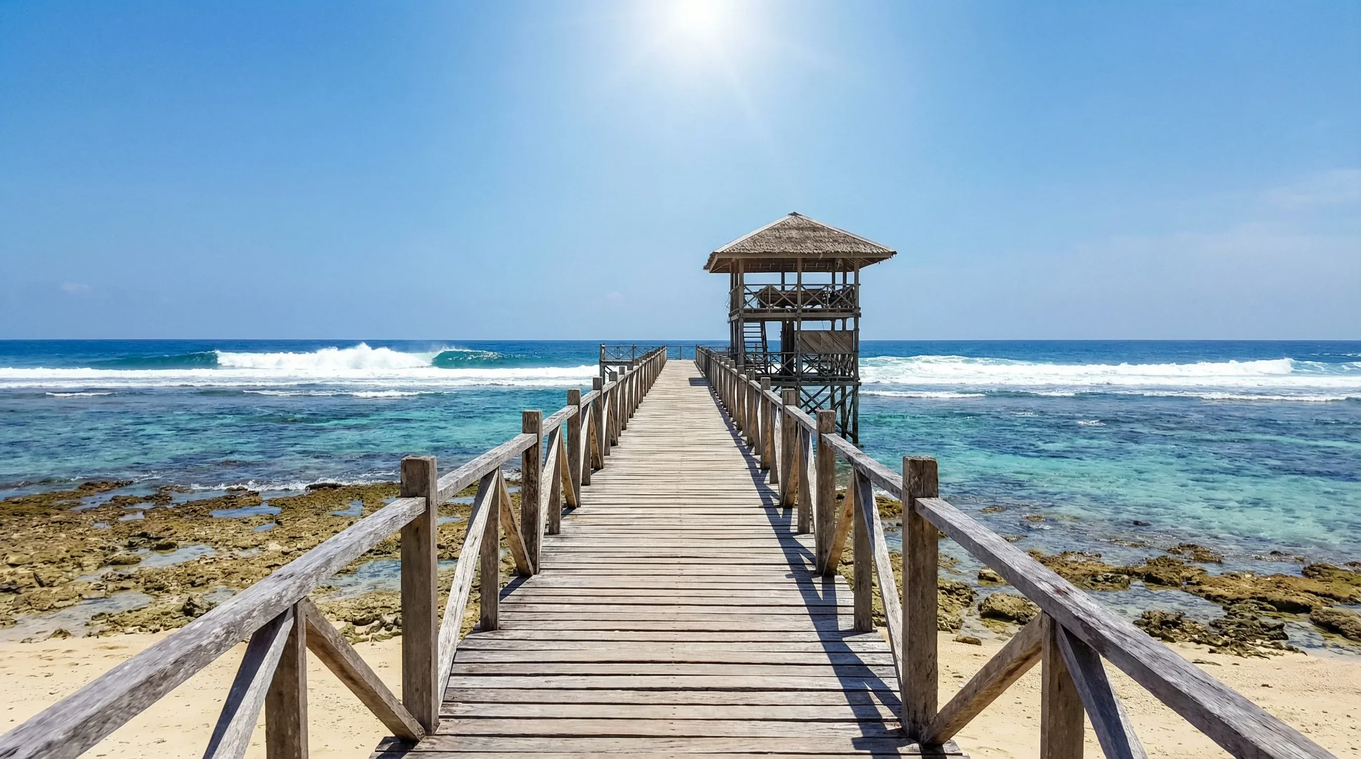 A long wooden boardwalk extending over a coral reef toward a viewing tower in the ocean at Siargao.