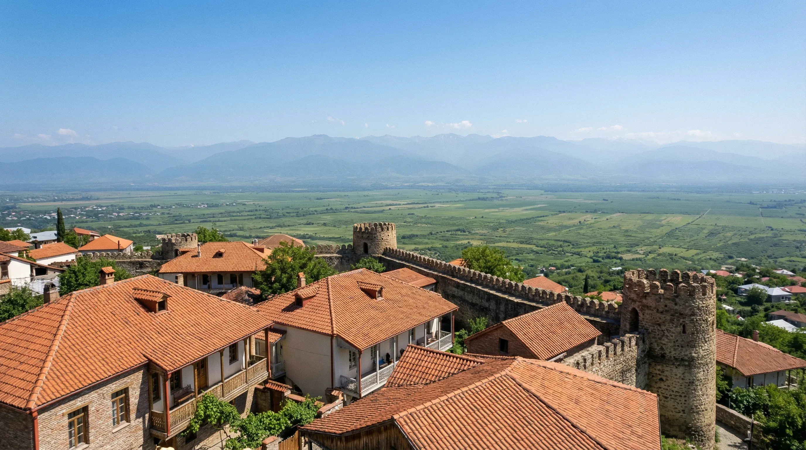 A high-angle view of the town of Sighnaghi with its red-roofed houses and stone walls overlooking the Alazani Valley in Georgia.