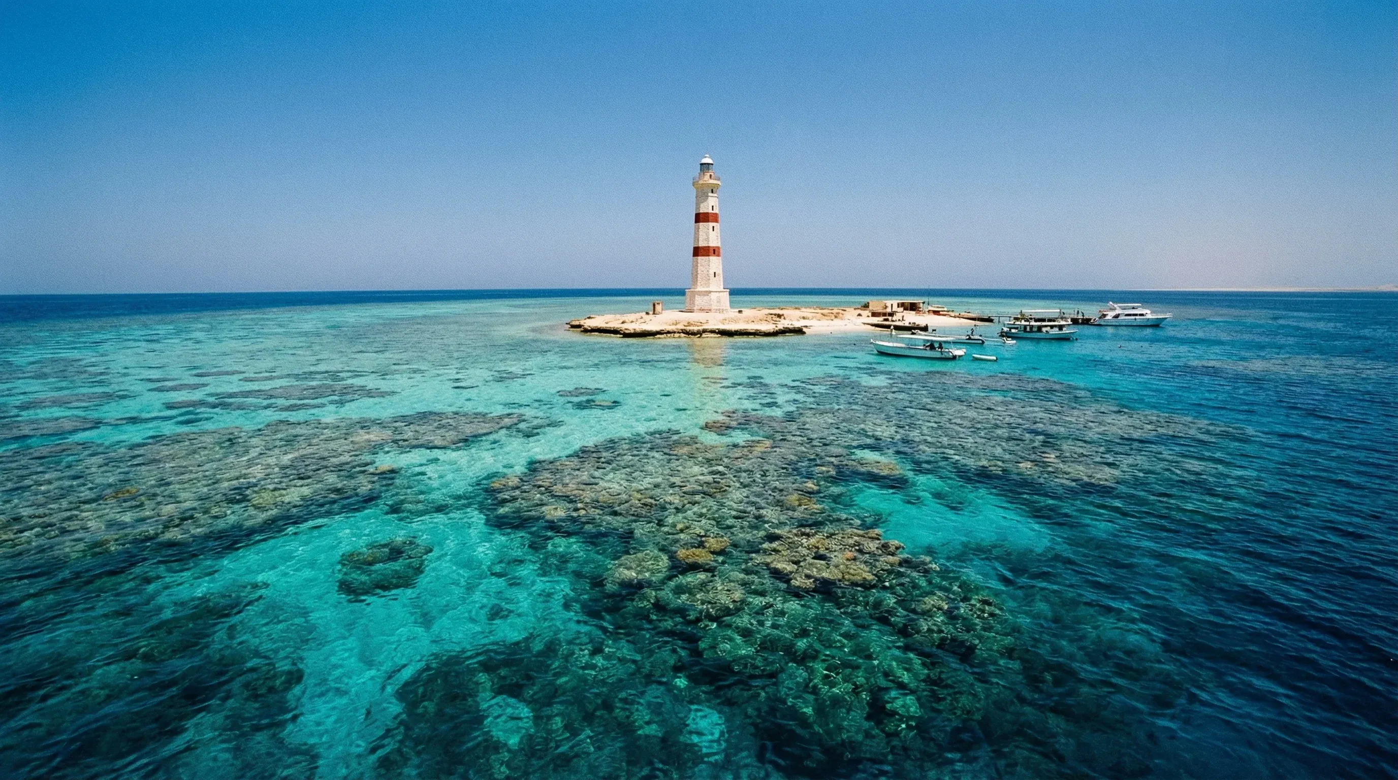The Sanganeb Lighthouse surrounded by turquoise waters and coral reefs in the Red Sea.