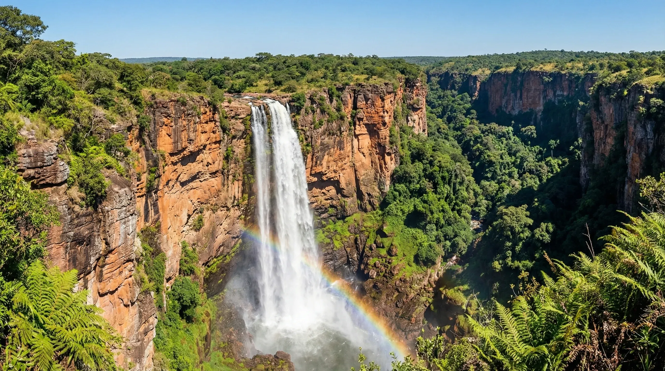 A high waterfall plunging down a steep red rock cliff surrounded by green forest in the Katanga region.