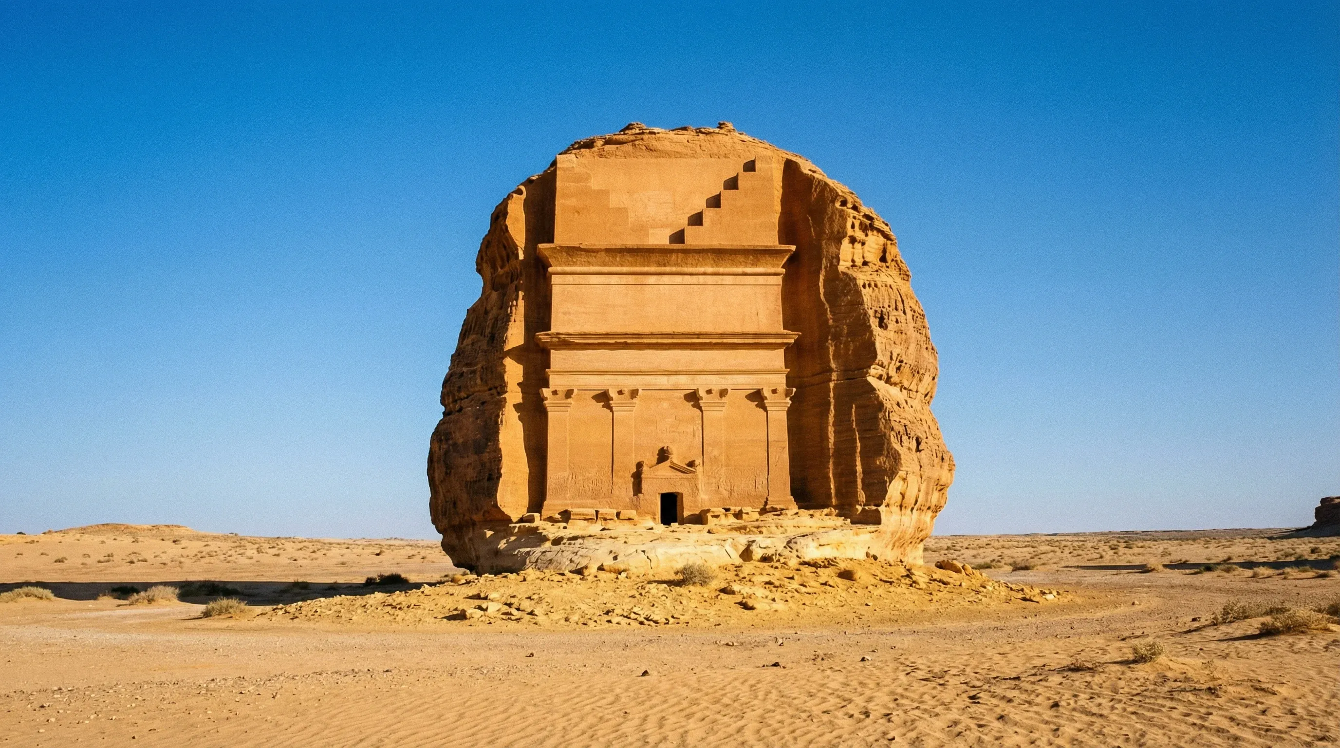 A large, ancient tomb carved into a single freestanding sandstone rock in the desert of Hegra, AlUla.