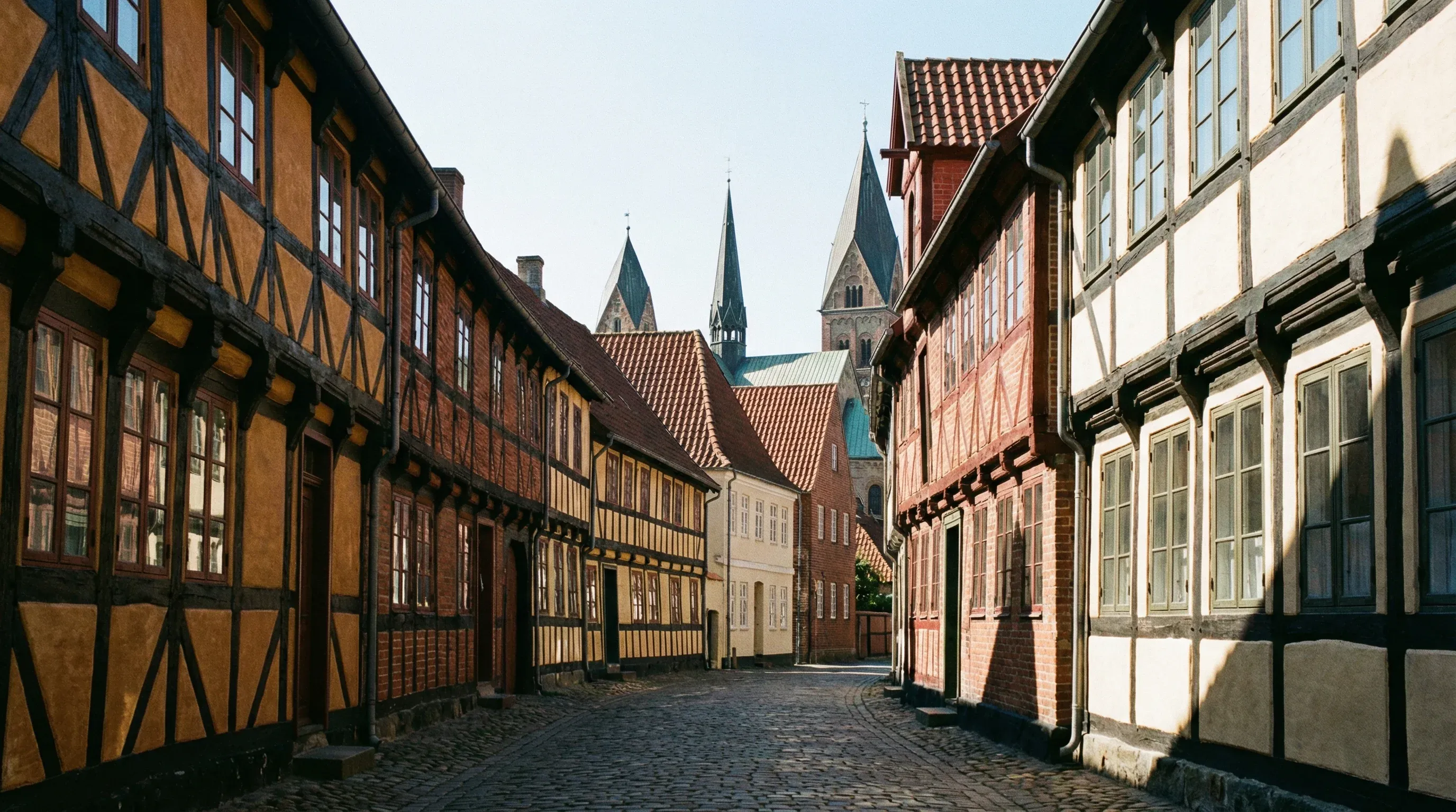 Traditional half-timbered houses and cobblestone streets in the historic medieval center of Ribe.