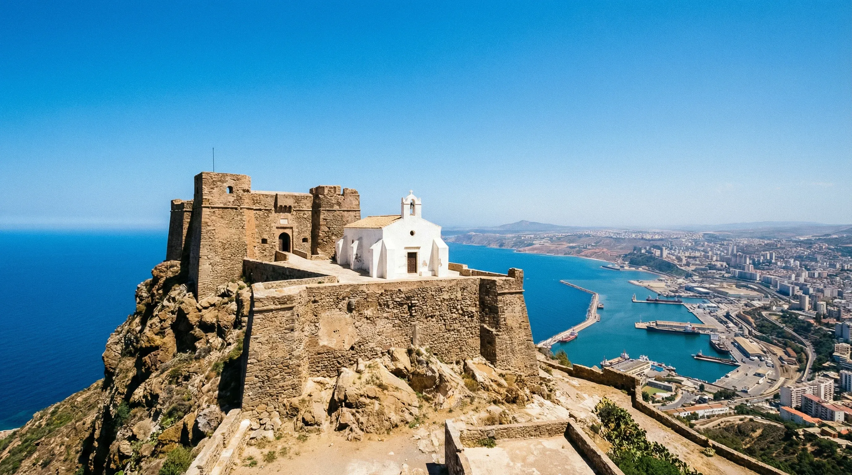 Fort Santa Cruz and its chapel on the peak of Mount Murdjadjo overlooking the Mediterranean Sea and the city of Oran.