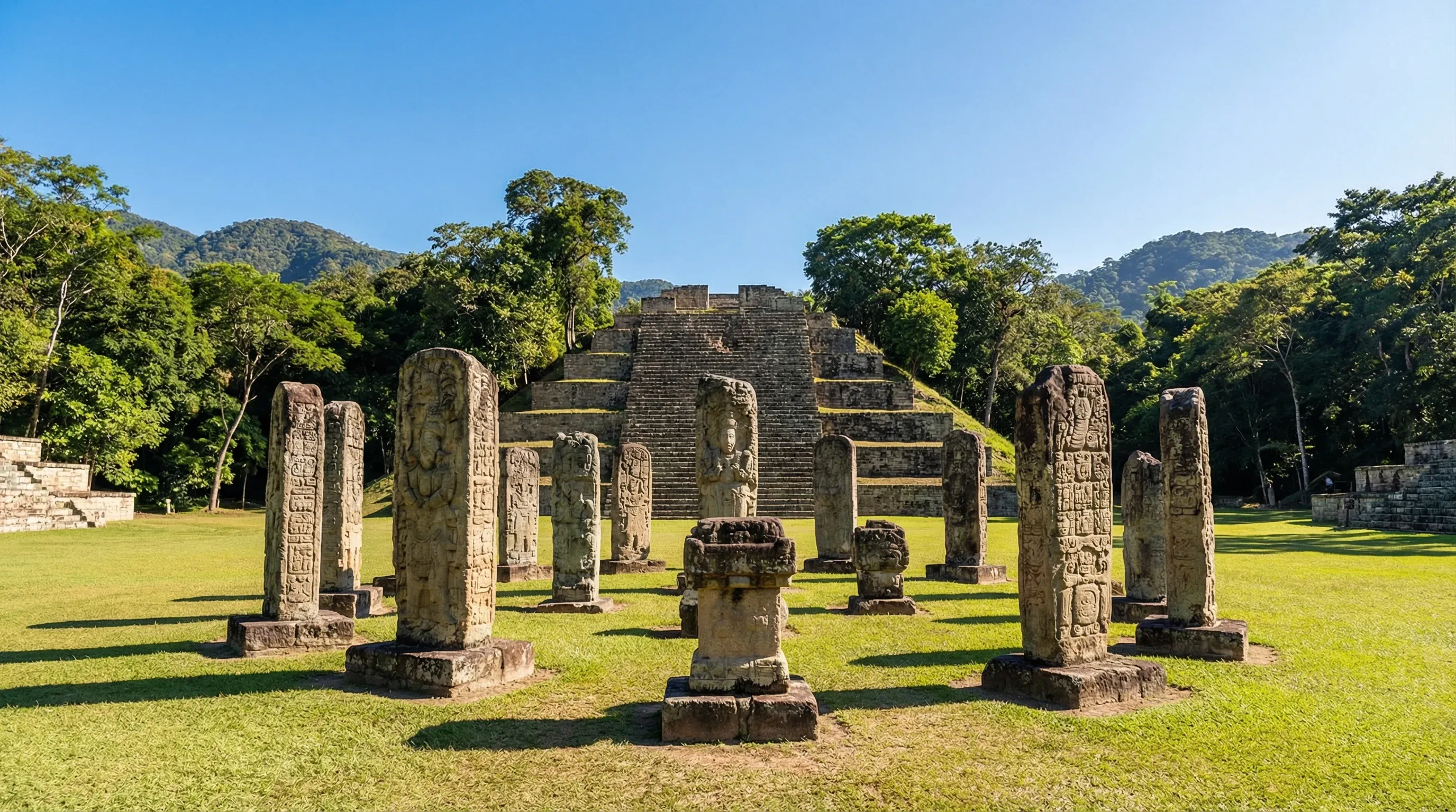 A wide-angle view of the ancient Mayan stone stelae and ruins in the grassy Great Plaza of Copán under a clear sky.