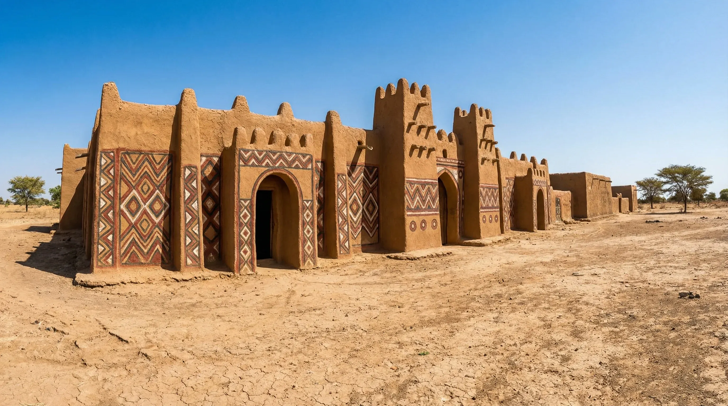 A traditional mud-brick palace in Gaoui, Chad, featuring hand-painted geometric patterns on its facade under a clear blue sky.