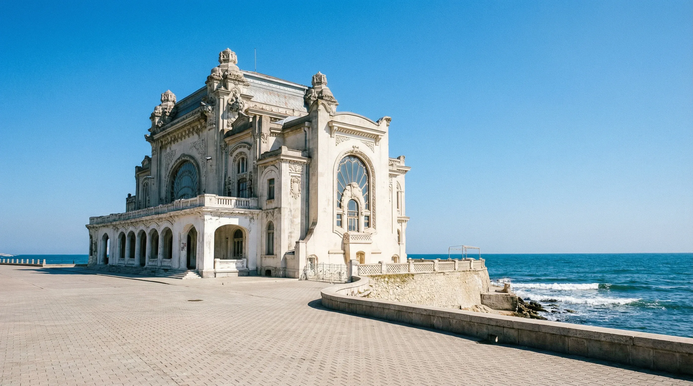 The Art Nouveau Constanța Casino building on the edge of the Black Sea under a clear sky.