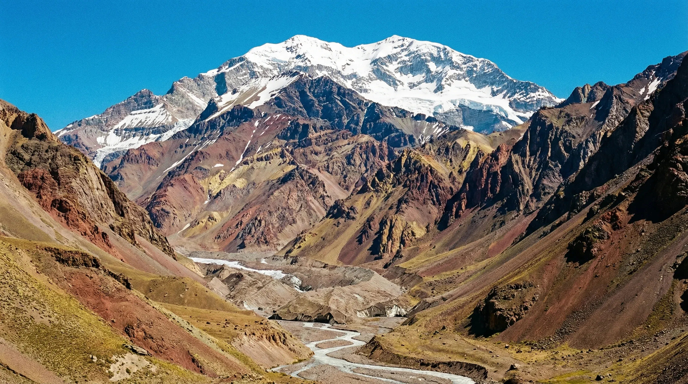 The snow-capped peak of Mount Aconcagua rises above the rocky Horcones Valley in the Andes mountains.