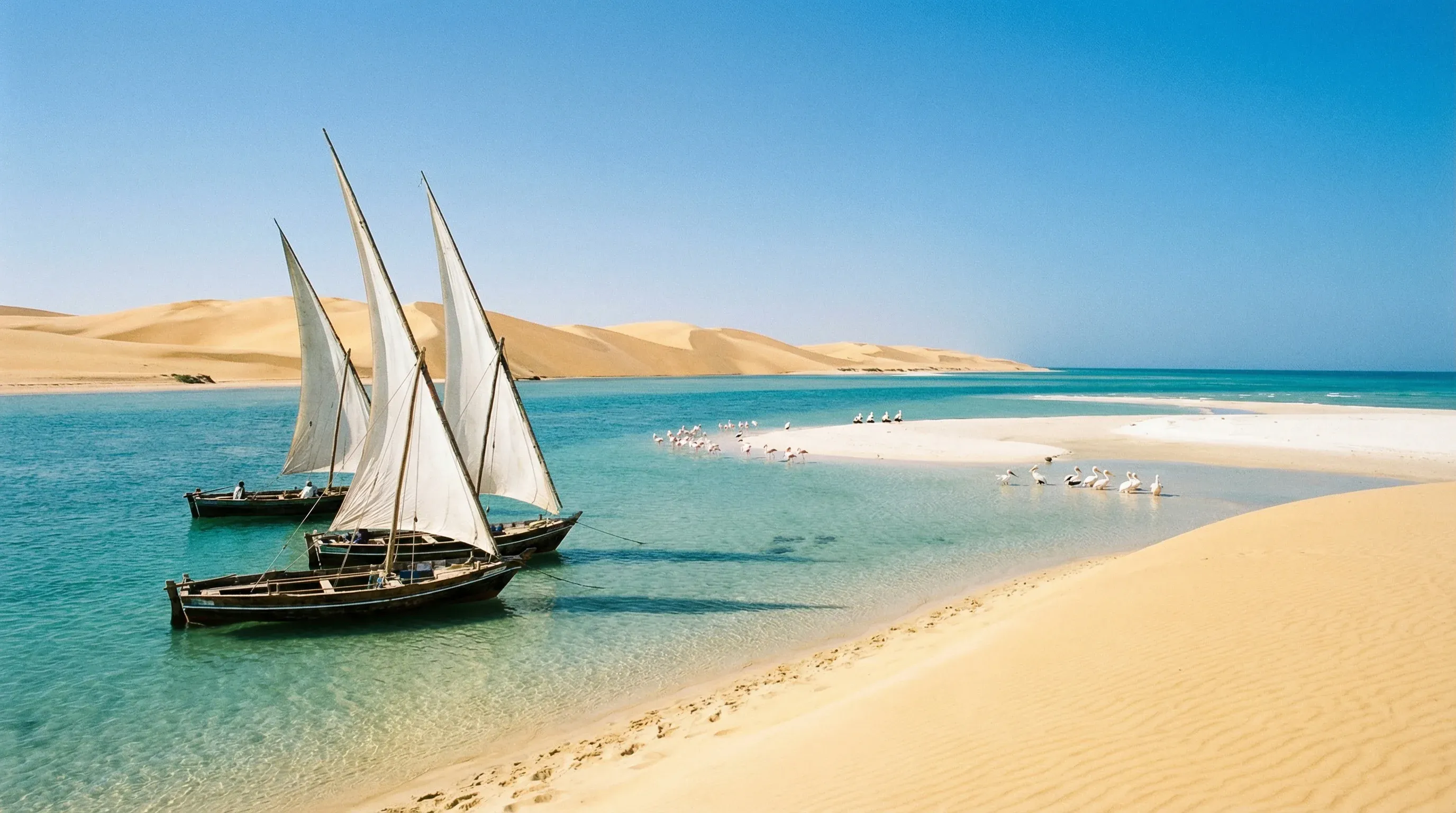 A vast coastal landscape in Banc d'Arguin National Park featuring turquoise water, white sandbanks, and traditional wooden sailboats under a bright sun.