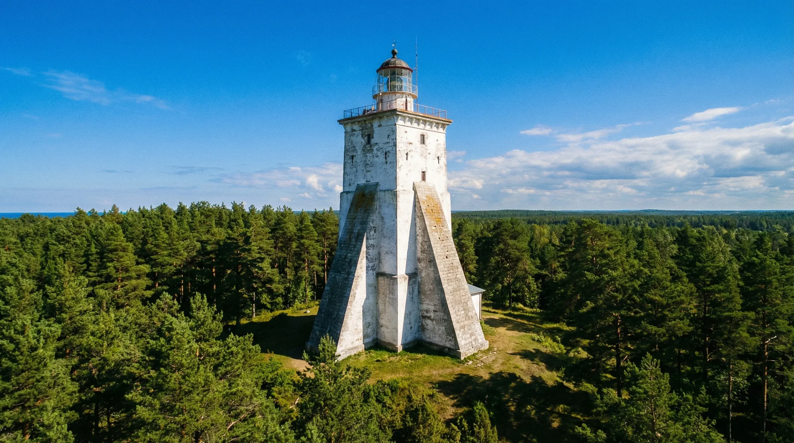 The historic white stone Kõpu Lighthouse with its unique buttresses on a hill in Hiiumaa, Estonia.