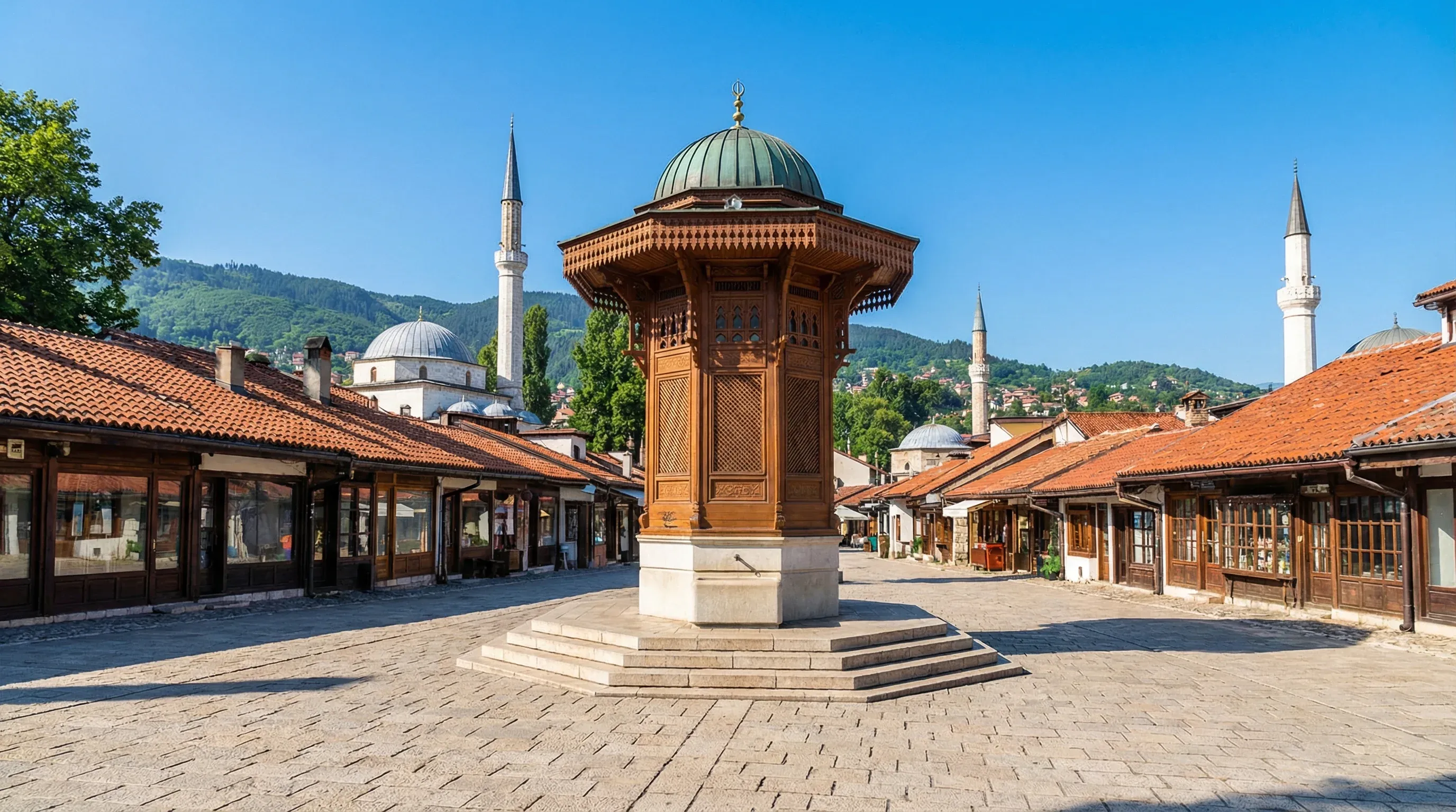 The wooden Ottoman-style Sebilj fountain in the center of the historic Baščaršija square in Sarajevo.
