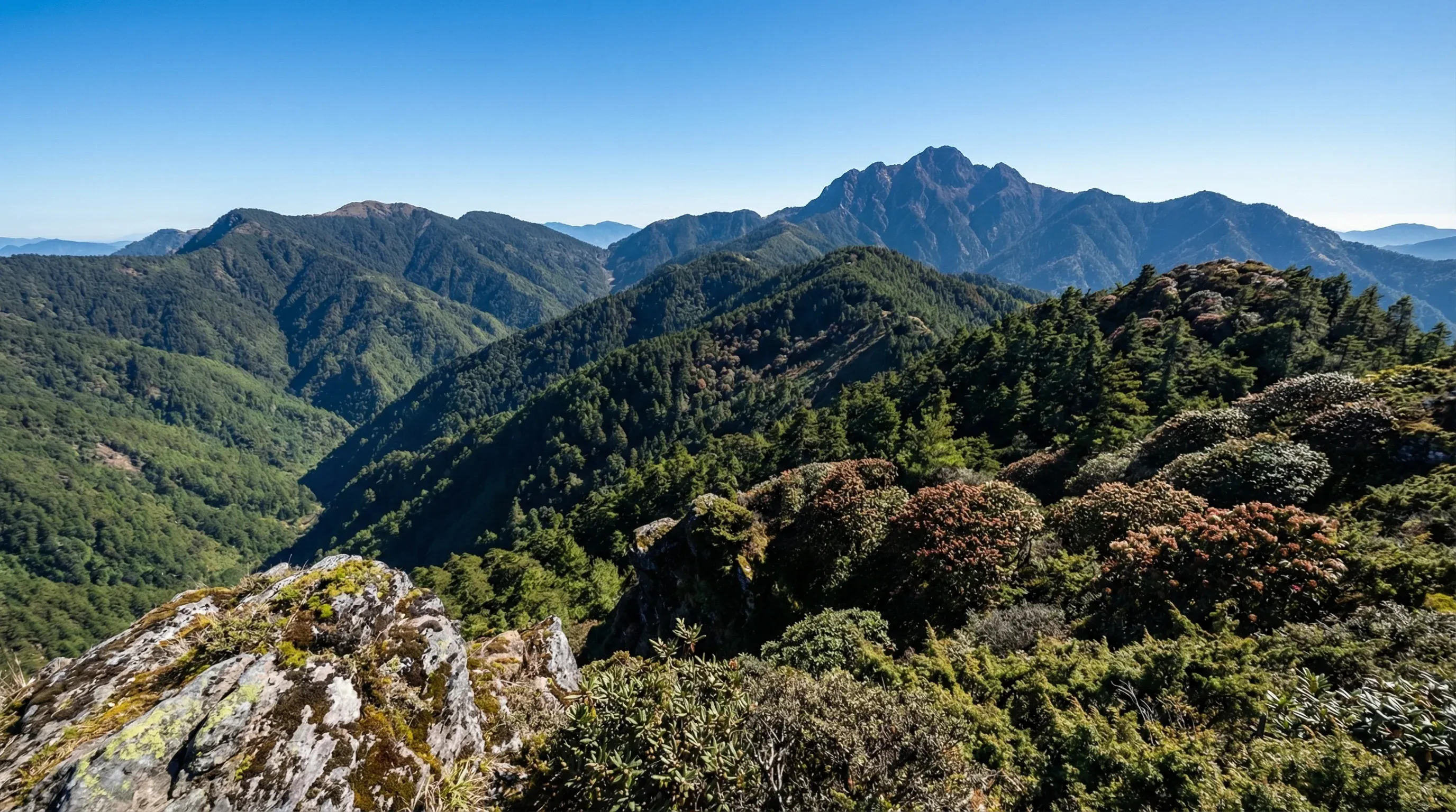 A vast mountain landscape of forested ridges and peaks at Mount Victoria in the Chin Hills.