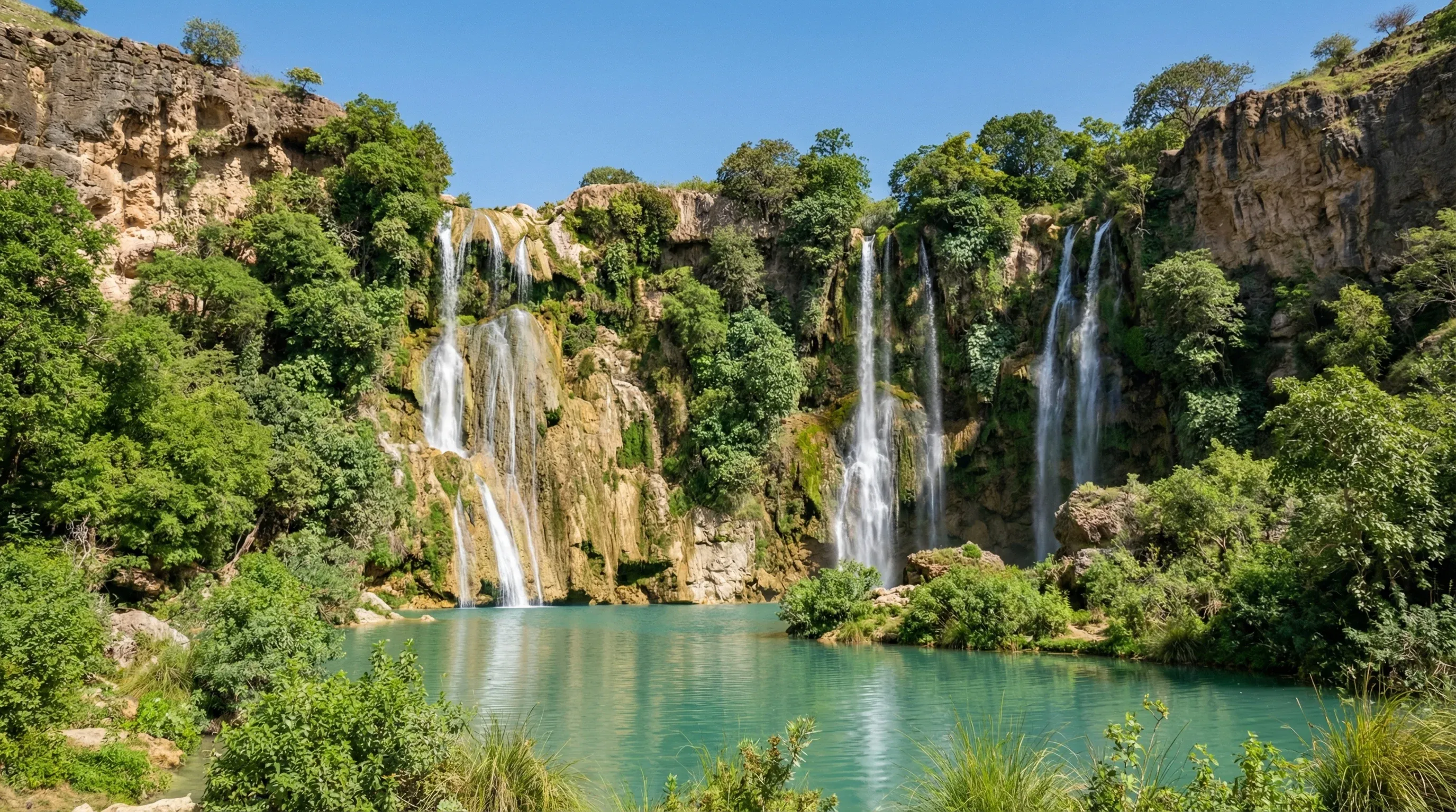 Waterfalls cascading over limestone cliffs into a turquoise pool surrounded by green trees in Wadi Darbat, Oman.