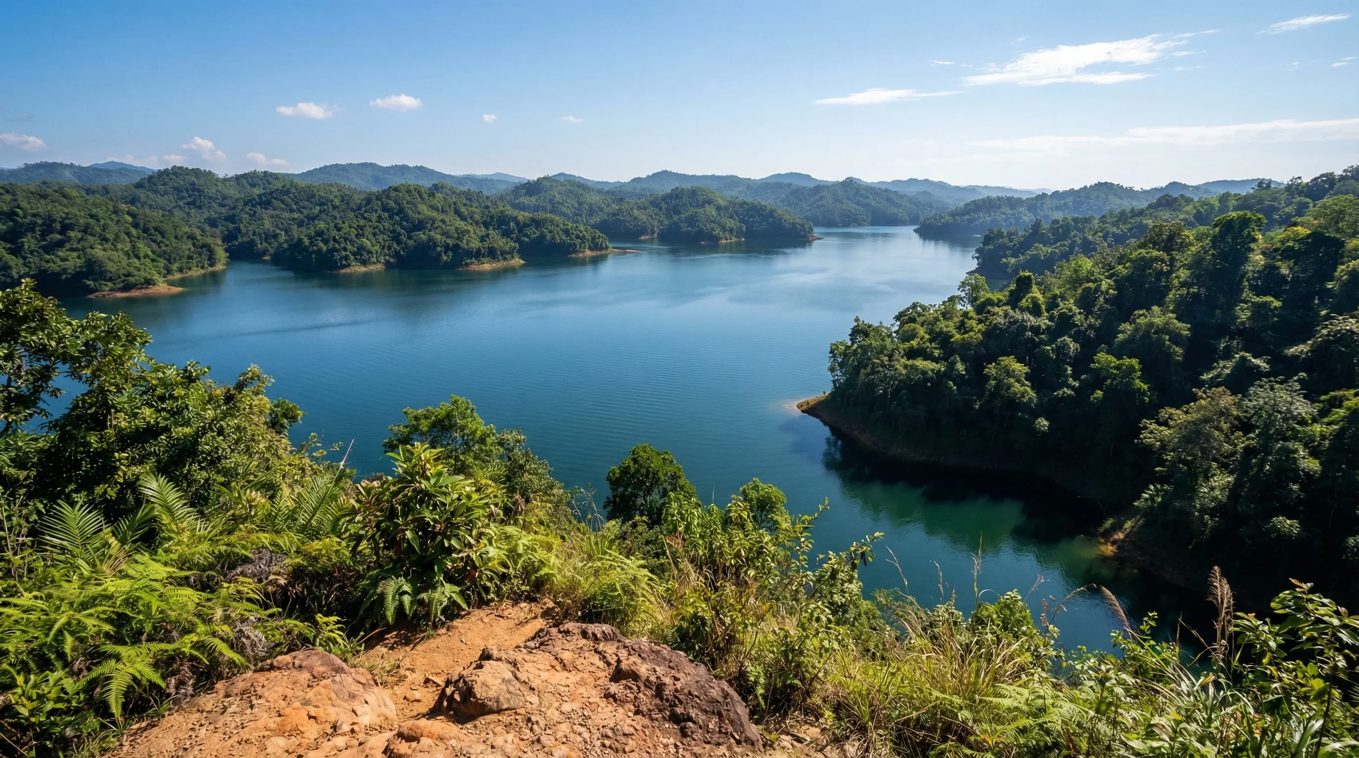 A wide-angle view of Kaptai Lake in Rangamati, featuring blue water surrounded by lush green hills under a clear sky.