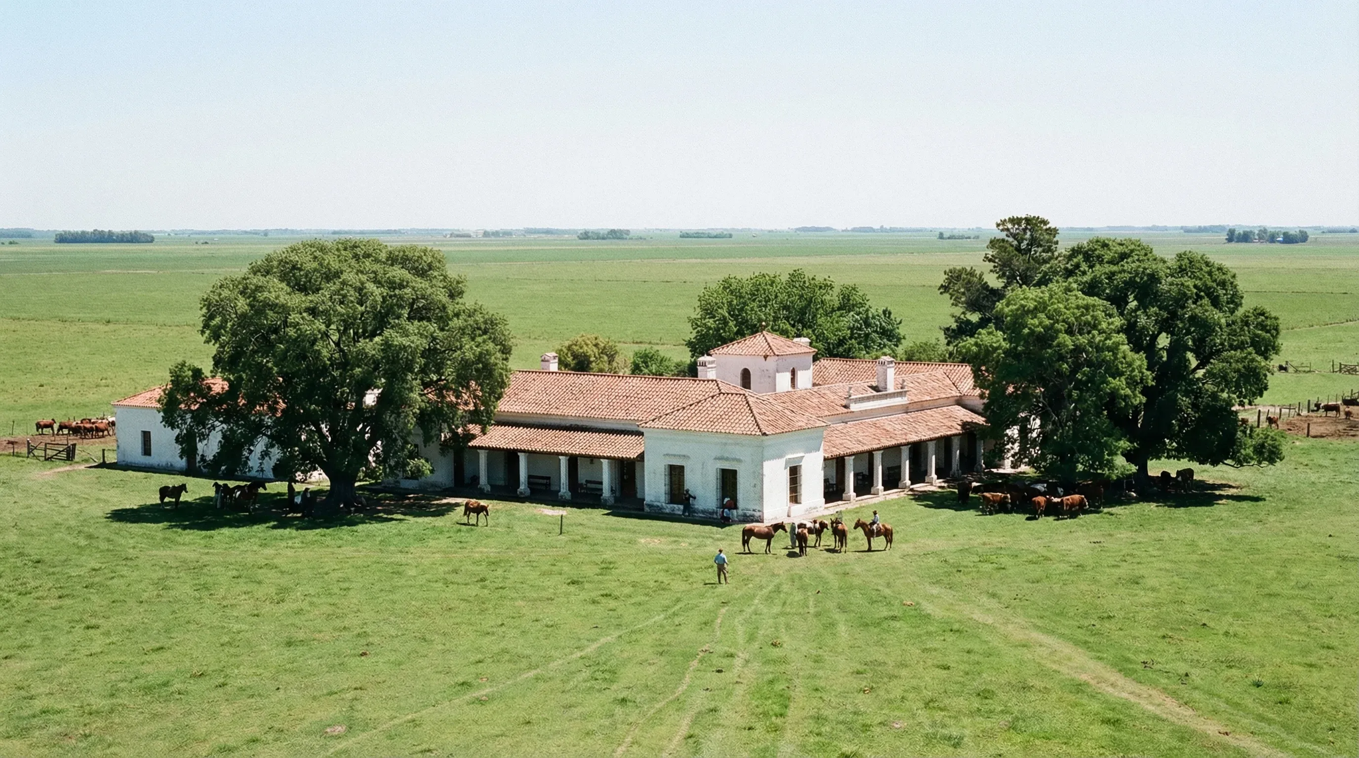A white colonial-style estancia building sits on the flat green plains of the Argentine Pampas.