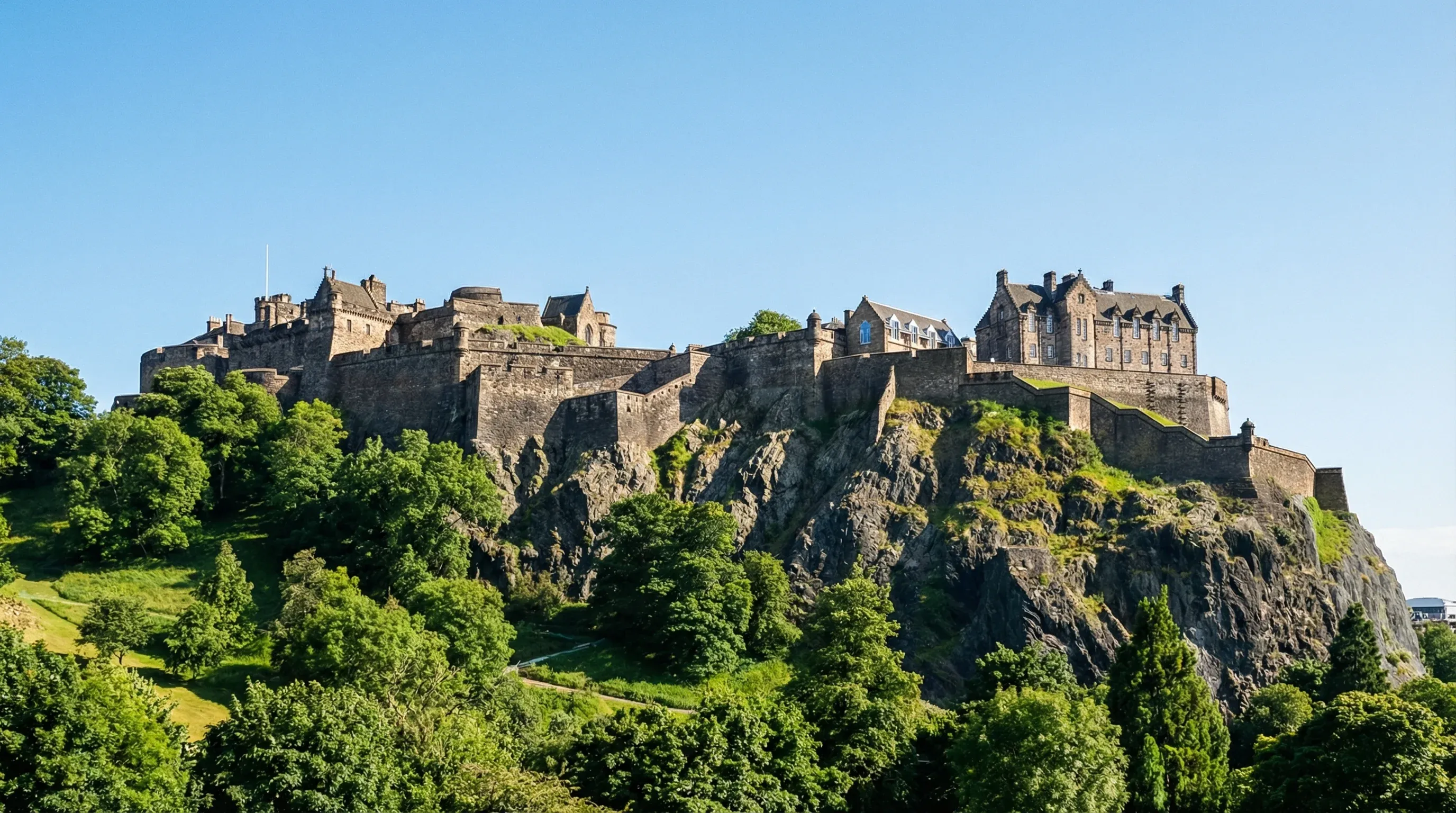 The stone walls of Edinburgh Castle perched on a volcanic rock above green gardens in Edinburgh, Scotland.