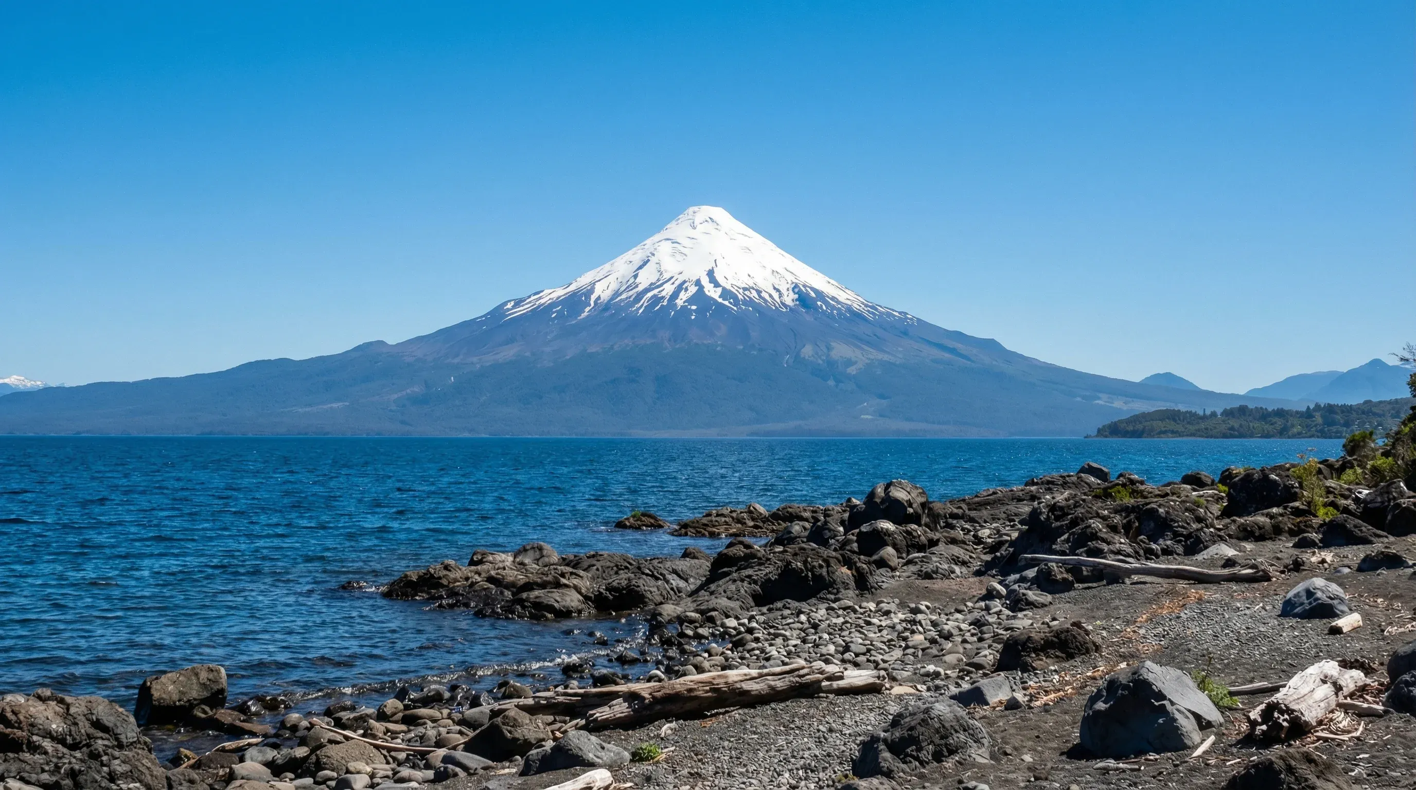 View of the snow-capped Osorno Volcano across Lake Llanquihue on a clear day.