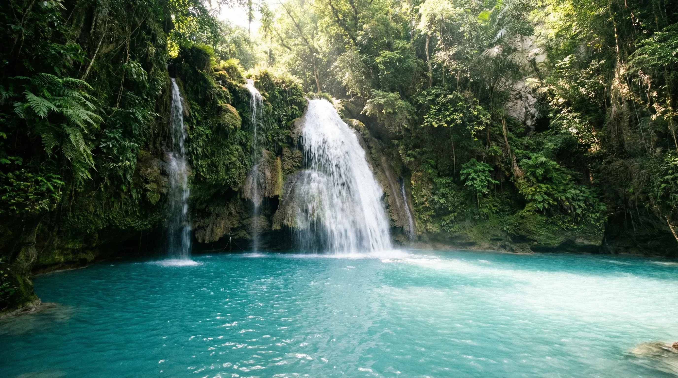 A large waterfall cascading into a bright turquoise pool surrounded by dense tropical jungle in Cebu.