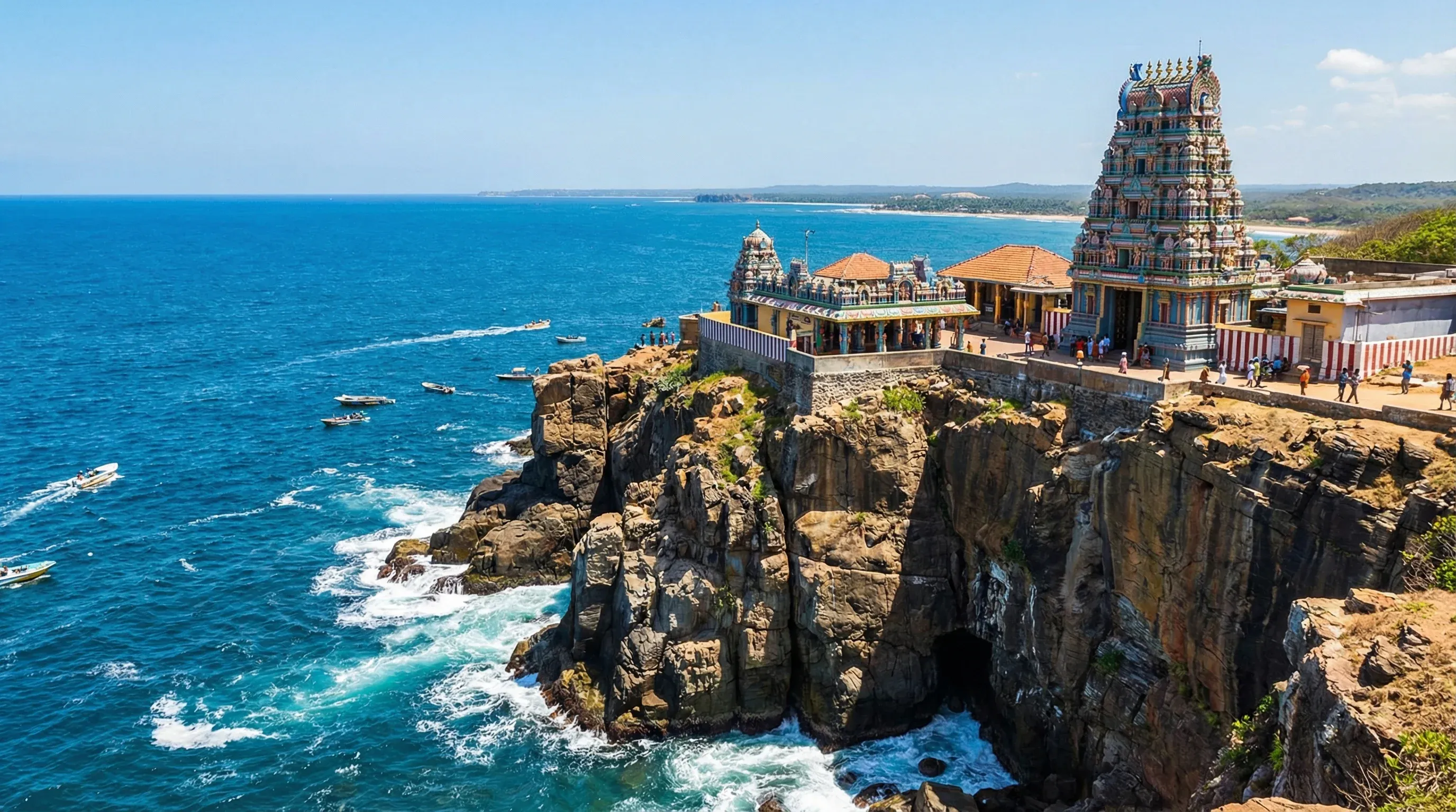 Koneswaram Temple on the edge of a cliff overlooking the Indian Ocean in Trincomalee, Sri Lanka.