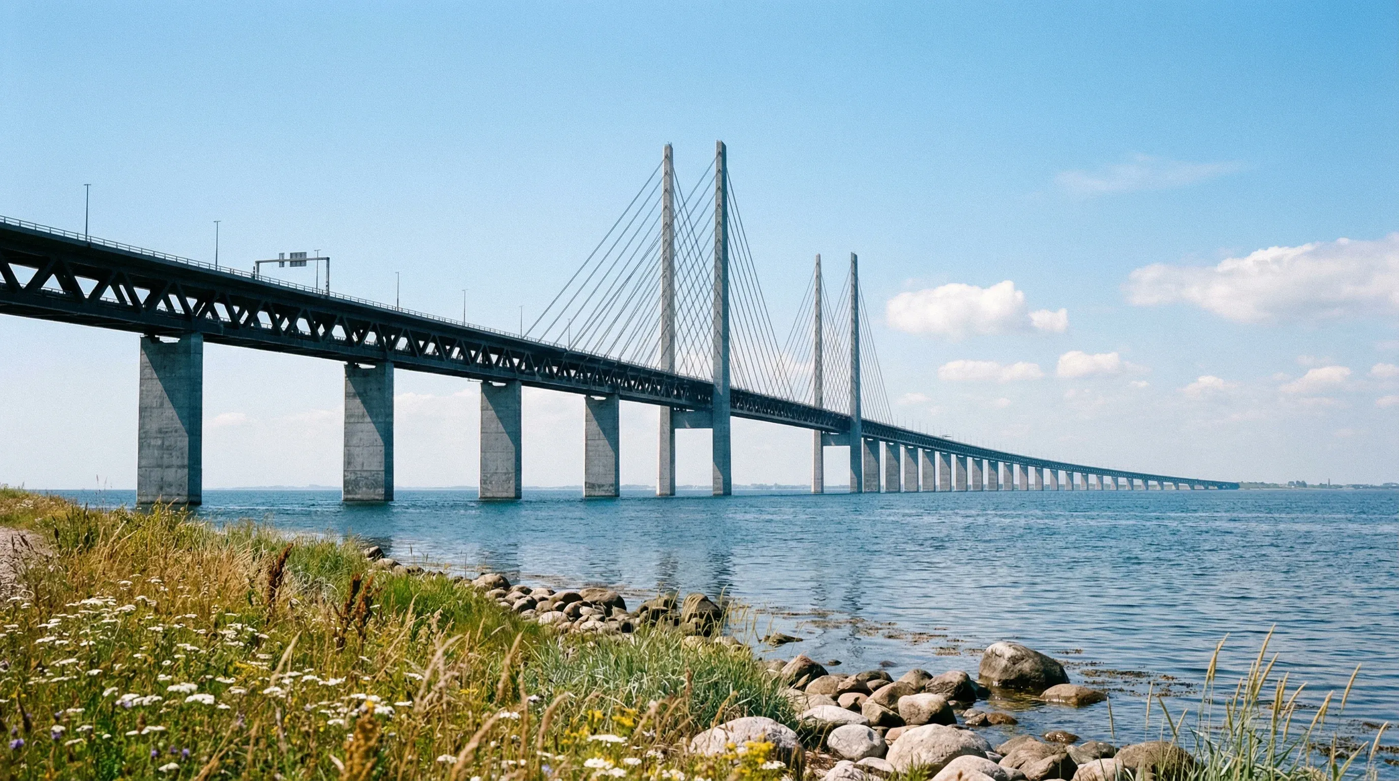 The large cable-stayed Öresund Bridge spanning the blue sea from a grassy coastline into the distance.