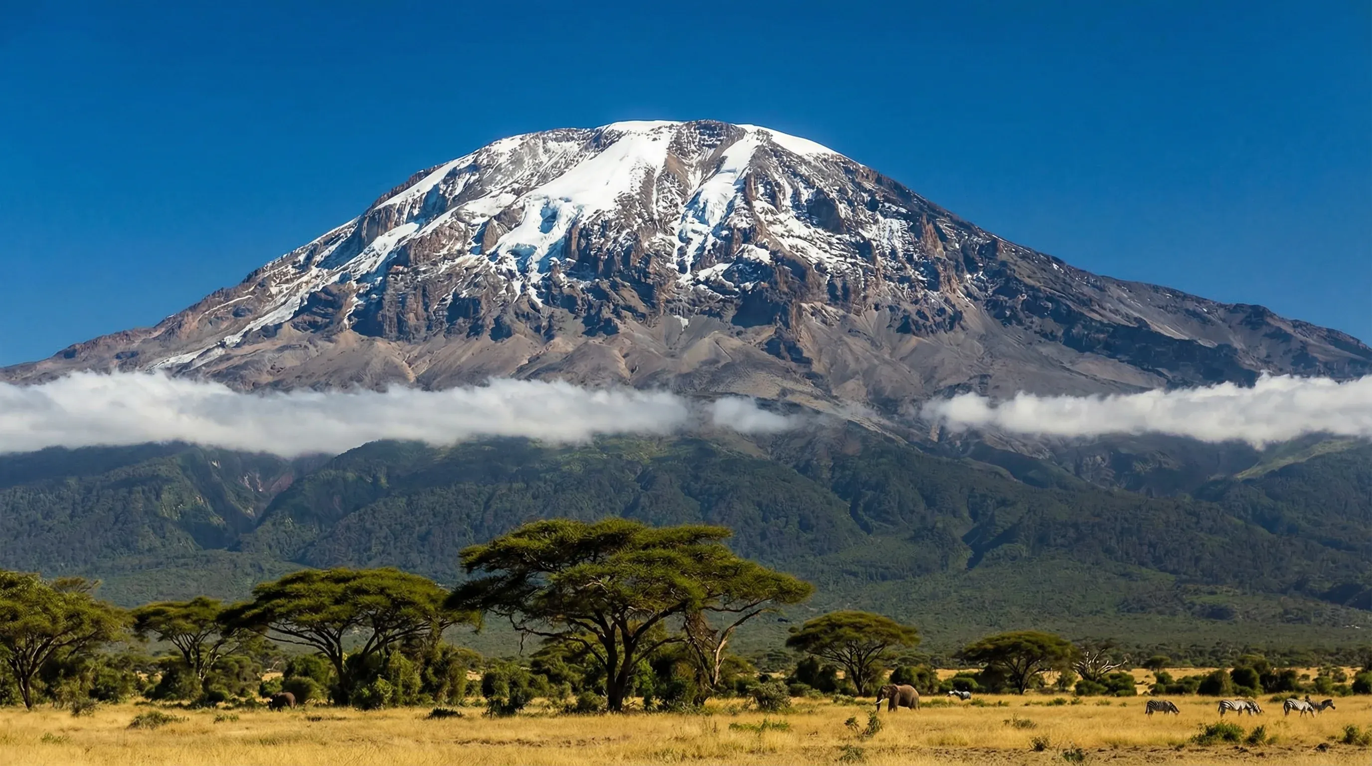The snow-capped peak of Mount Kilimanjaro rising above the clouds and green lower slopes in Tanzania.