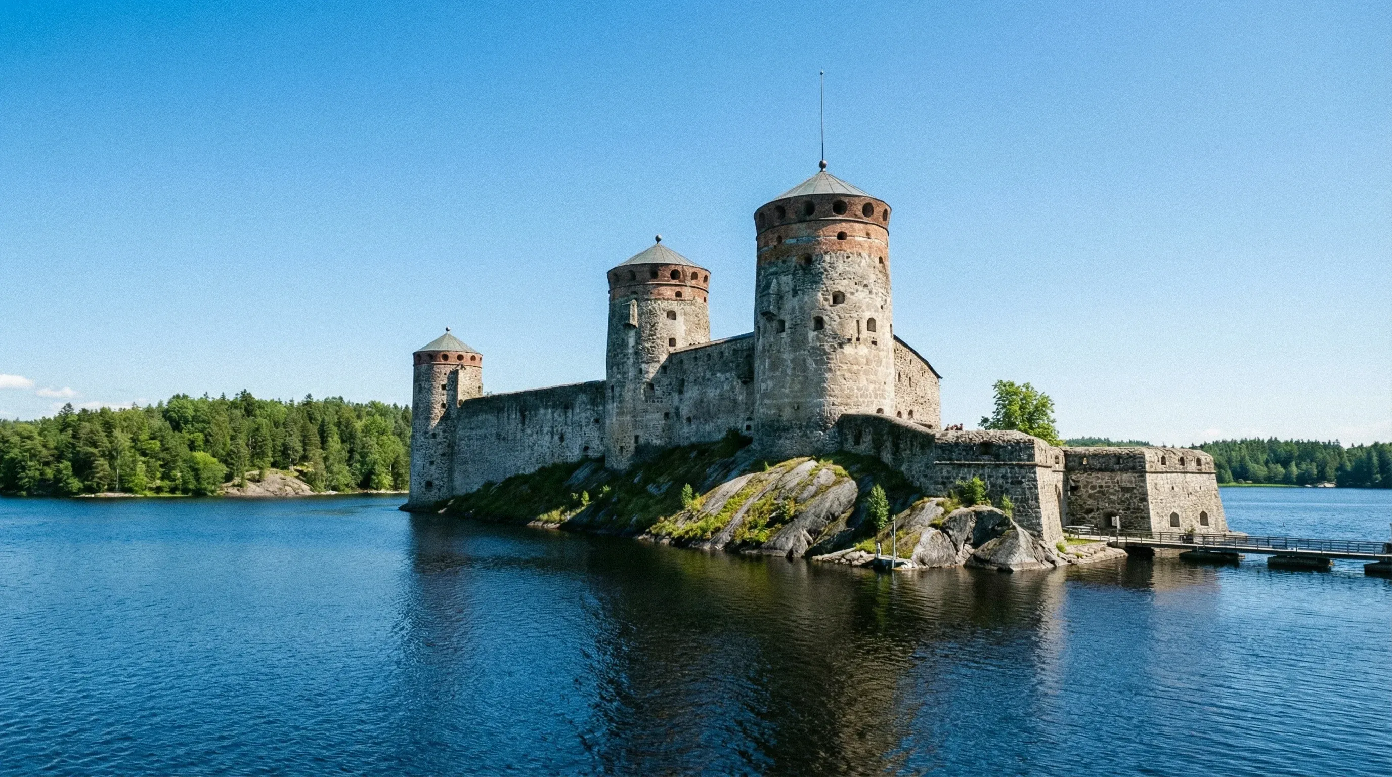 A medieval stone castle with three round towers situated on a rocky island in the middle of a calm lake under a clear blue sky.