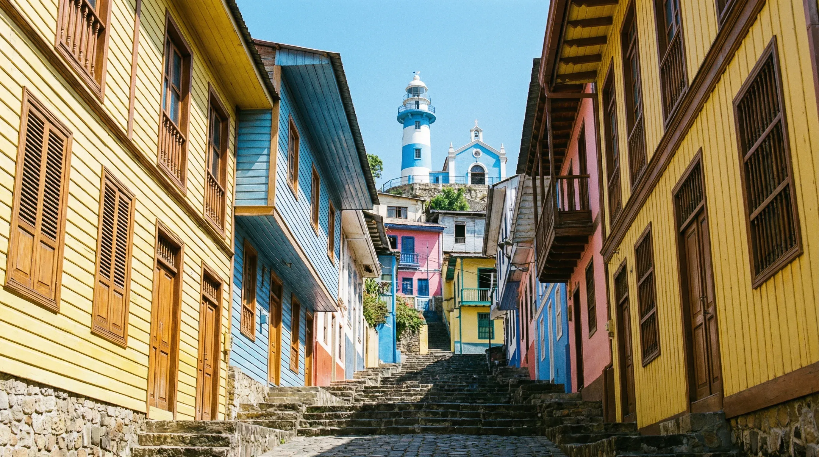Colorful colonial houses on a hillside lead up to a blue and white lighthouse against a clear blue sky.