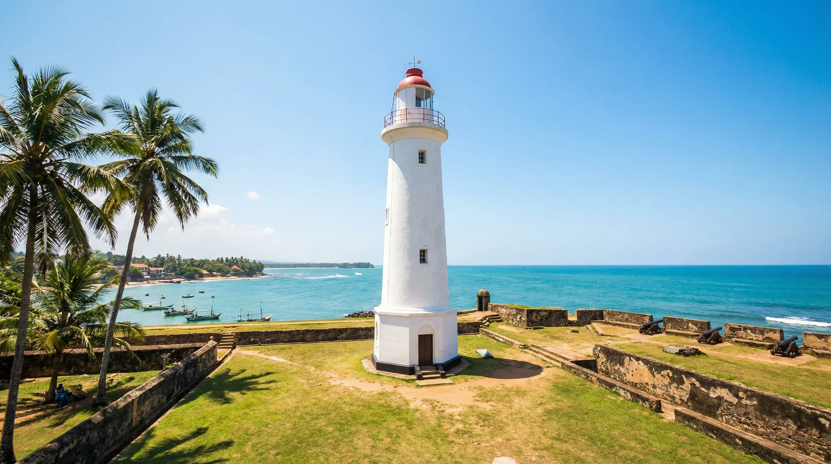 The white Galle Fort Lighthouse stands on the stone ramparts beside the Indian Ocean in Sri Lanka.