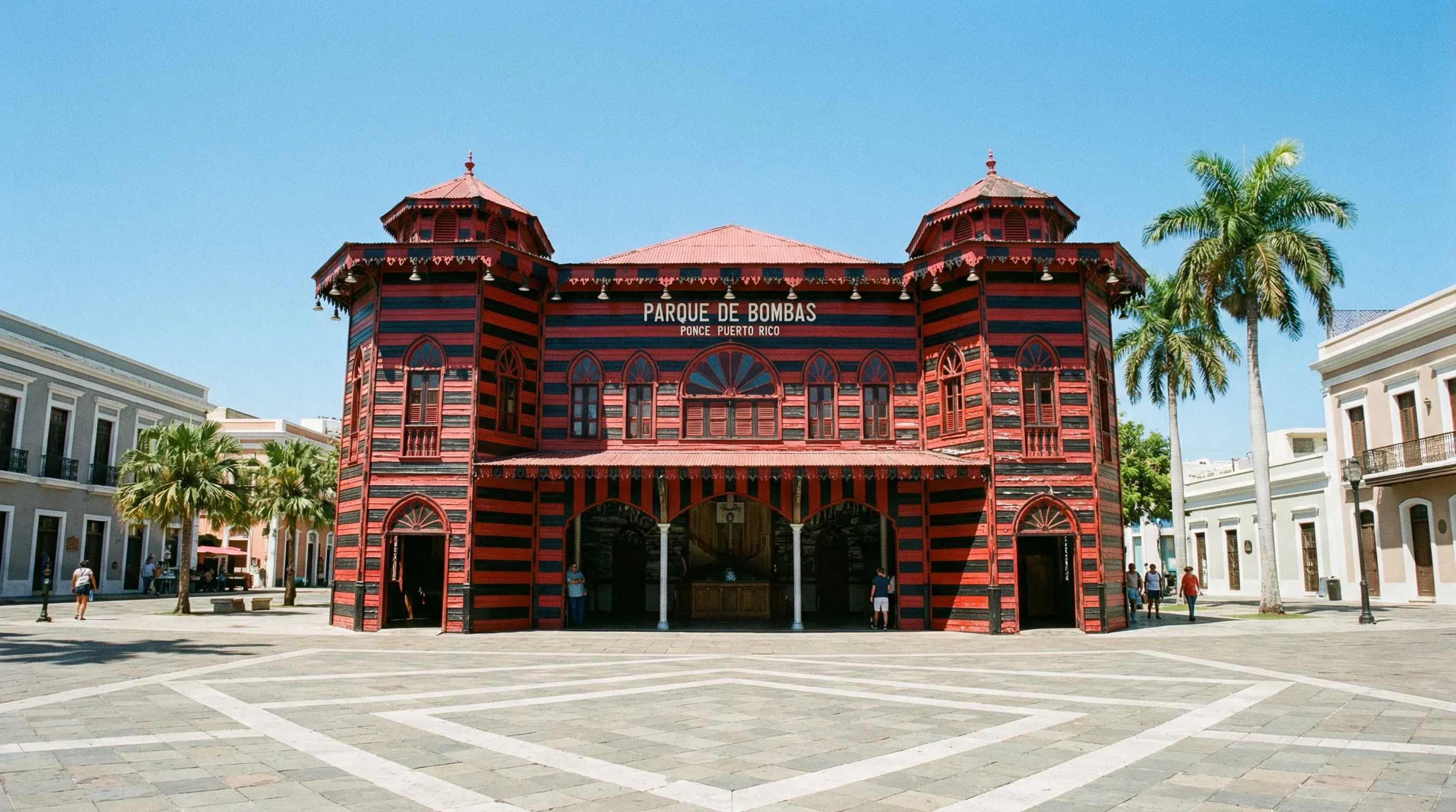 The historic red and black striped Parque de Bombas building in the Plaza Las Delicias of Ponce.
