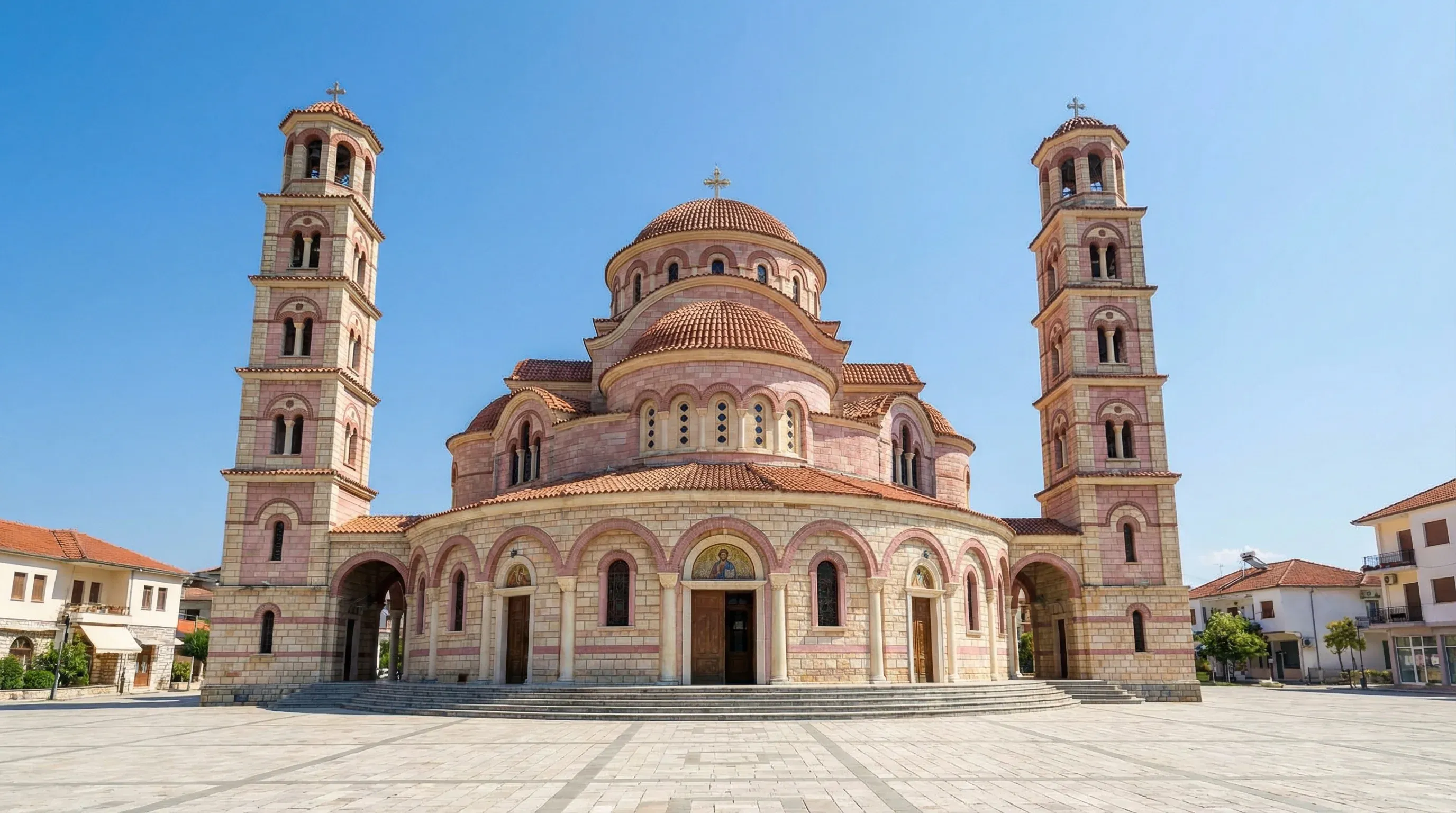 The large Byzantine-style Resurrection of Christ Cathedral with its domes and bell towers in the central square of Korçë.