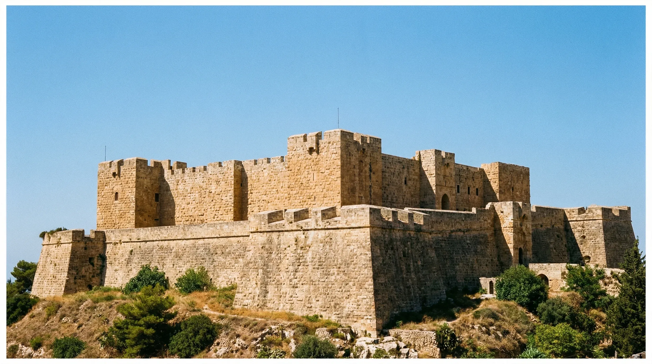 The massive stone walls and defensive ramparts of the medieval Citadel of Raymond de Saint-Gilles in Tripoli.