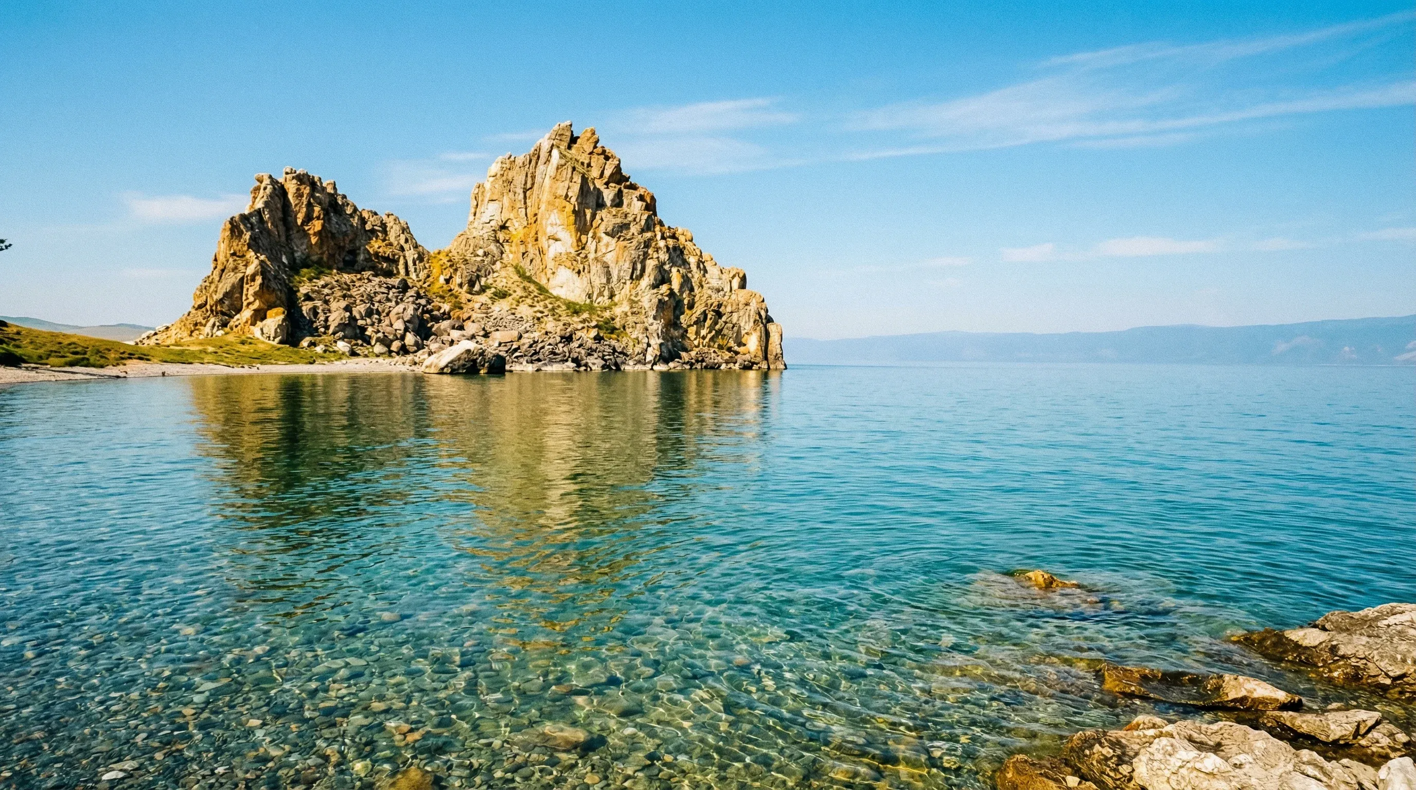 Shaman Rock at Cape Burkhan on Olkhon Island, surrounded by the clear blue waters of Lake Baikal.