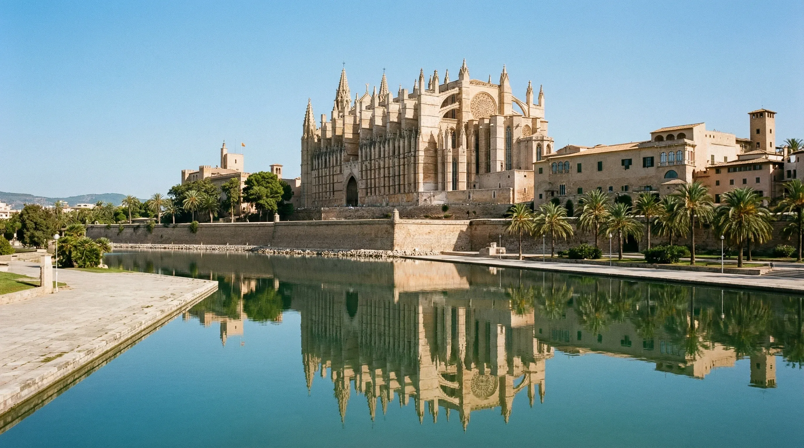 The Gothic Cathedral of Santa Maria in Palma de Mallorca reflected in a pond under a bright midday sun.
