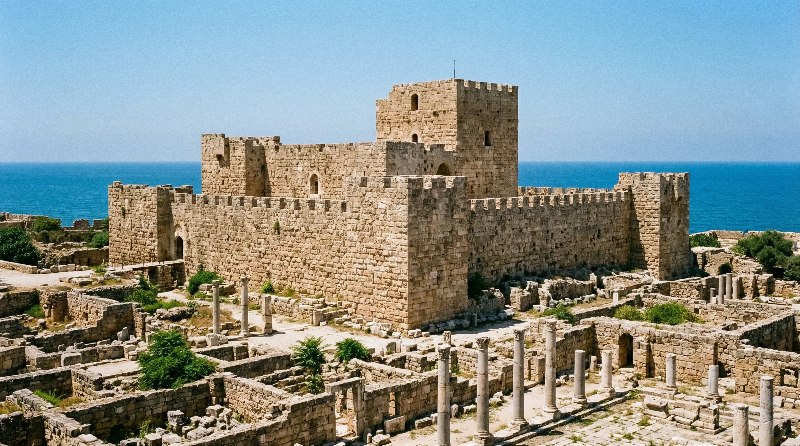 A medieval stone castle and archaeological ruins in Byblos overlooking the Mediterranean Sea on a clear day.