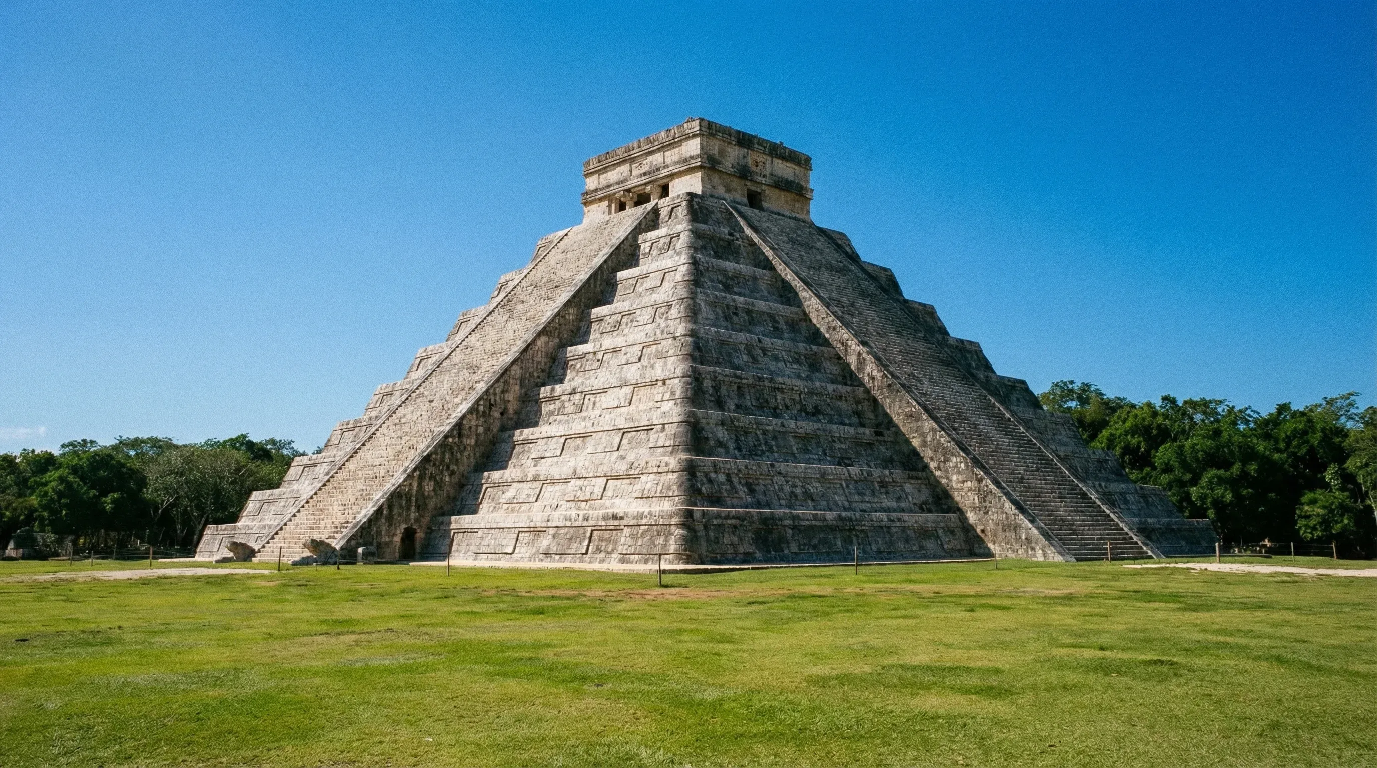 The ancient Maya limestone pyramid of Kukulcan stands in a green field under a clear blue sky at Chichén Itzá.
