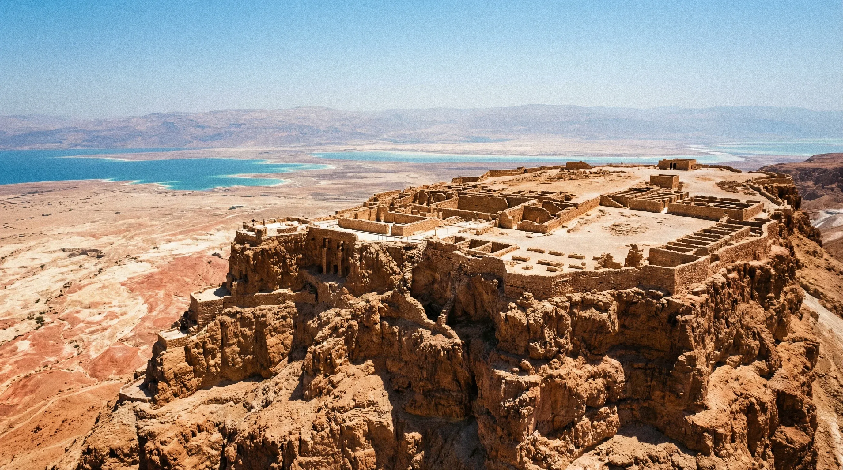 The ancient mountain-top ruins of Masada overlooking the vast desert landscape and the blue waters of the Dead Sea.