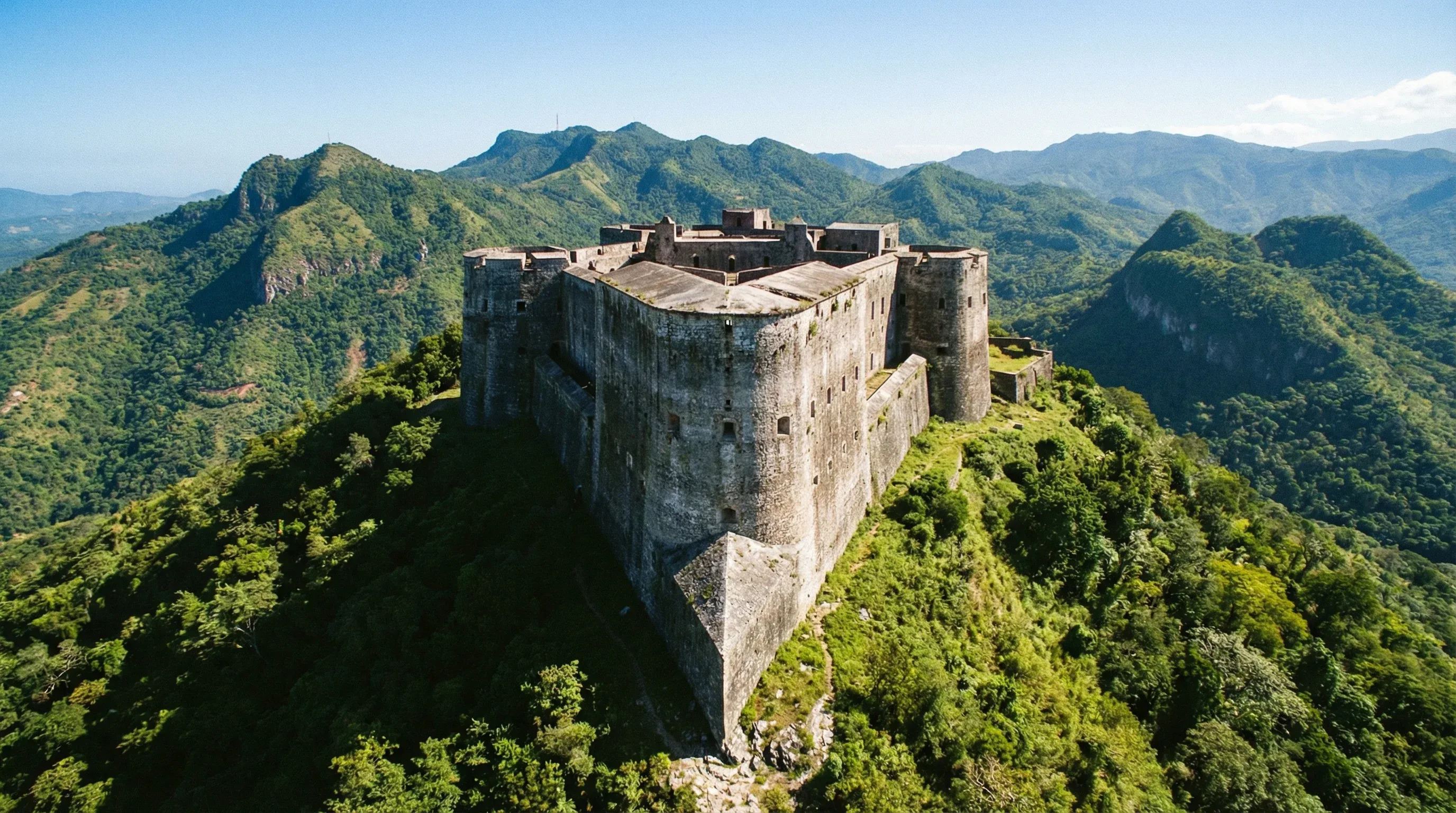 A massive stone fortress on a lush green mountain peak under a clear blue sky in northern Haiti.